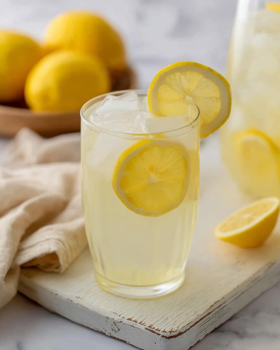 The image shows a clear glass filled with a pale yellow lemonade drink and ice cubes. Two thin lemon slices are placed inside the drink, with one resting flat on top of the glass, showing the bright yellow rind and the lighter yellow juicy inside. In the background, there are whole lemons and a beige cloth on a white marbled surface, giving a fresh and clean look. The glass sits on a white wooden board with some worn spots visible. photo taken with an iphone --ar 4:5 --v 7