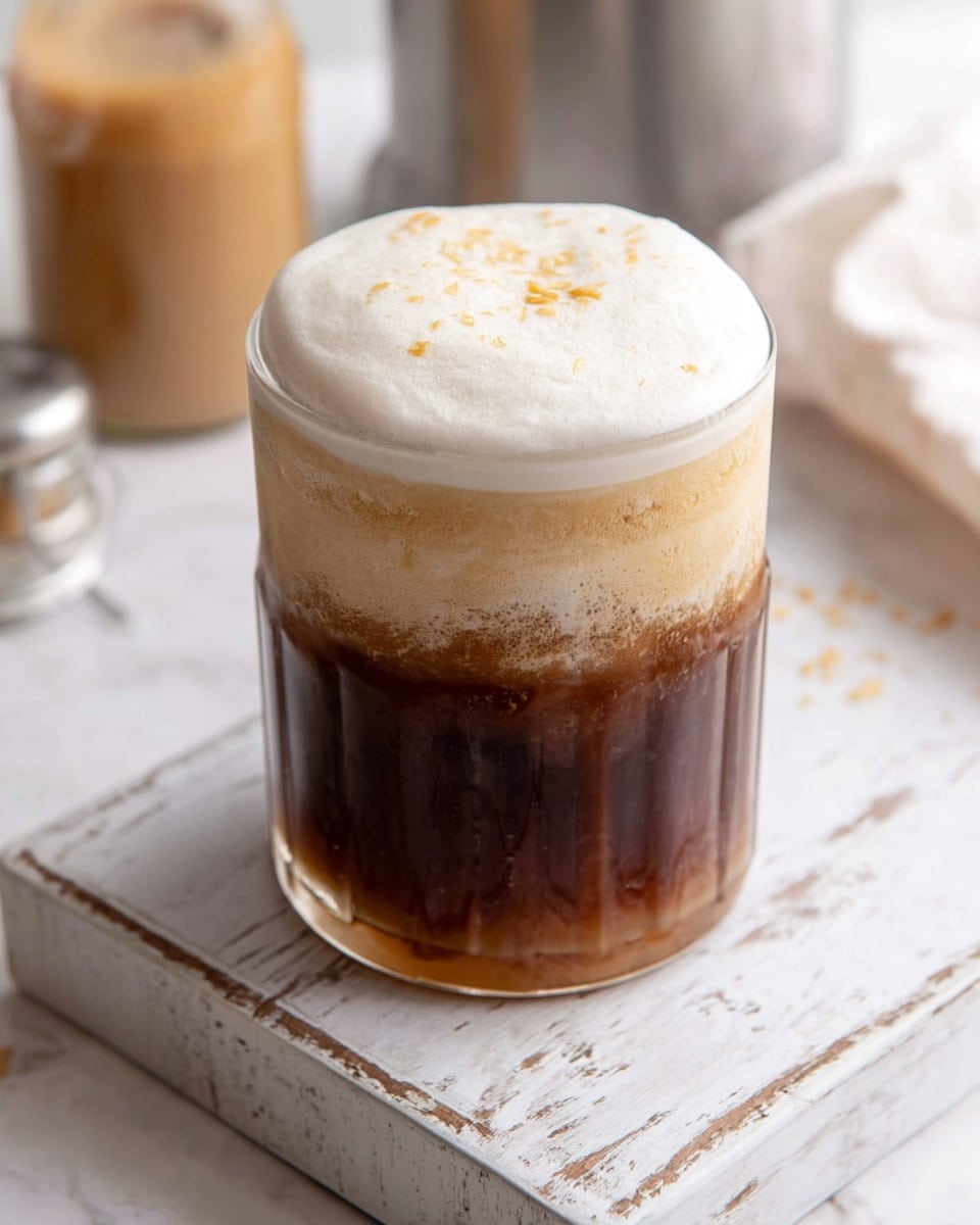 A glass filled with a three-layer drink, the bottom layer is a light brown syrup, the middle layer is a dark brown coffee with a slightly frosted texture on the glass, and the top layer is thick white foam with small golden brown sprinkles scattered on it; the glass sits on a worn, distressed white wooden board placed on a white marbled surface, with blurred kitchen objects in the background. photo taken with an iphone --ar 4:5 --v 7