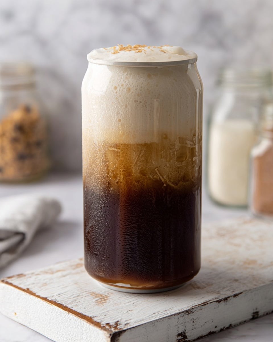 The drink is served in a clear, tall glass that looks like a soda can shape. The bottom layer is dark brown iced coffee with visible condensation on the glass, showing it is cold. Above is a thick, creamy white foam layer that slightly blends at the edge with the dark coffee underneath. A few small brown sprinkles are scattered on top of the foam. The glass sits on a worn white wooden board with some brown stains, and the background has a soft focus with jars containing coffee items and a white marbled surface. photo taken with an iphone --ar 4:5 --v 7