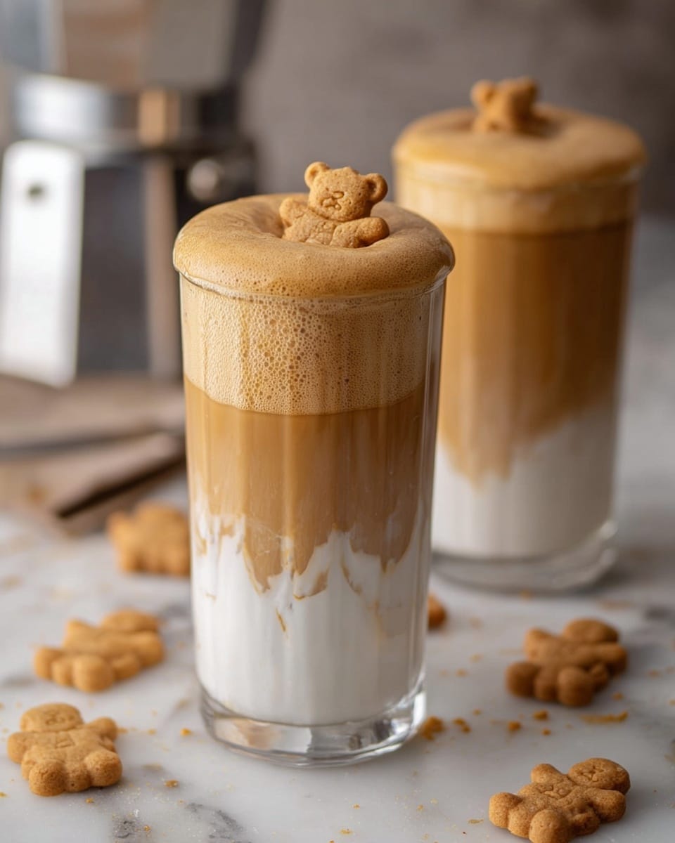 The image shows two tall glasses filled with a three-layered drink, placed on a white marbled surface. Each glass has a bottom layer of white milk with soft swirls, a middle layer of light caramel coffee mixing slightly with the milk below, and a thick top layer of rich, frothy coffee foam in a tan color. On top of the foam in each glass, there is a small bear-shaped cookie sitting in the center. Scattered bear-shaped cookies are placed around the glasses on the surface. A blurred brewing pot is visible in the background. photo taken with an iphone --ar 4:5 --v 7