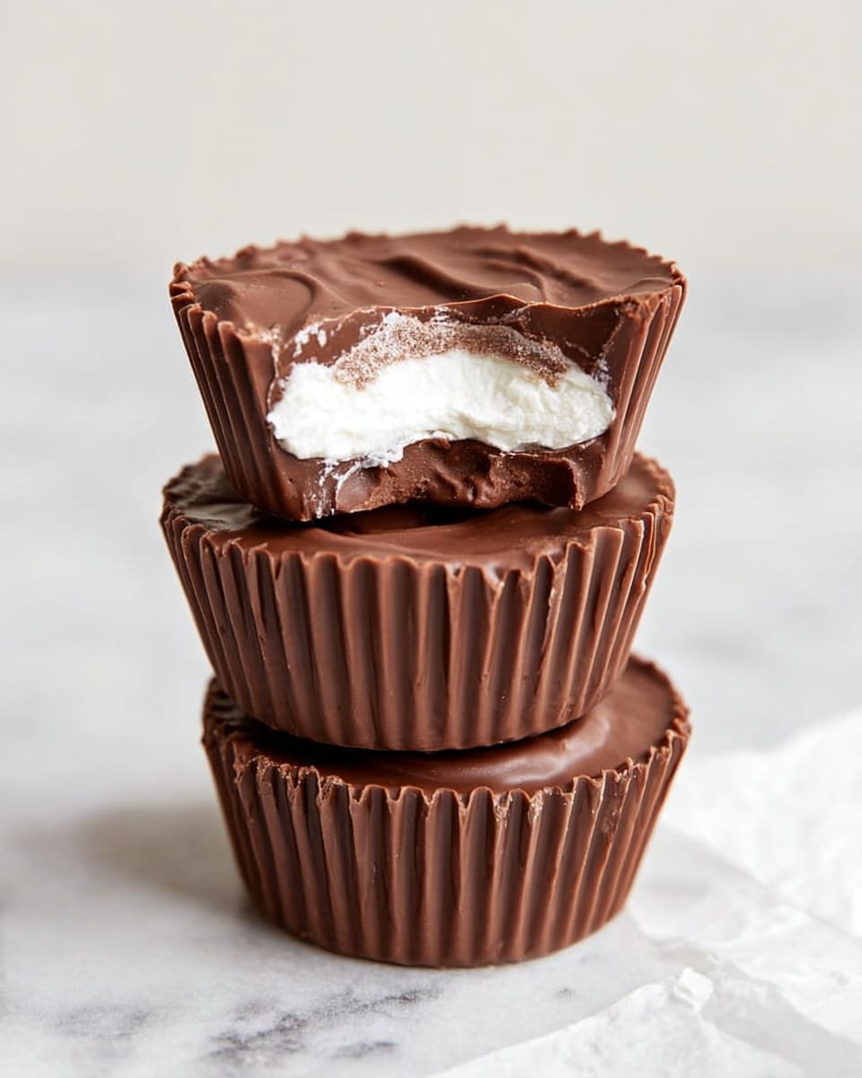 A stack of three chocolate cups sits on a white marbled surface, each cup wrapped with ridged edges and a smooth, shiny top layer of chocolate. The top cup has a bite taken out, revealing a thick white creamy filling inside, contrasting sharply with the rich brown chocolate shell. The middle and bottom cups are whole, showing their uniform texture and slight ridges on the sides from the wrappers. The light softly highlights the smooth chocolate surface and the creamy texture inside the bitten cup. Photo taken with an iphone --ar 4:5 --v 7