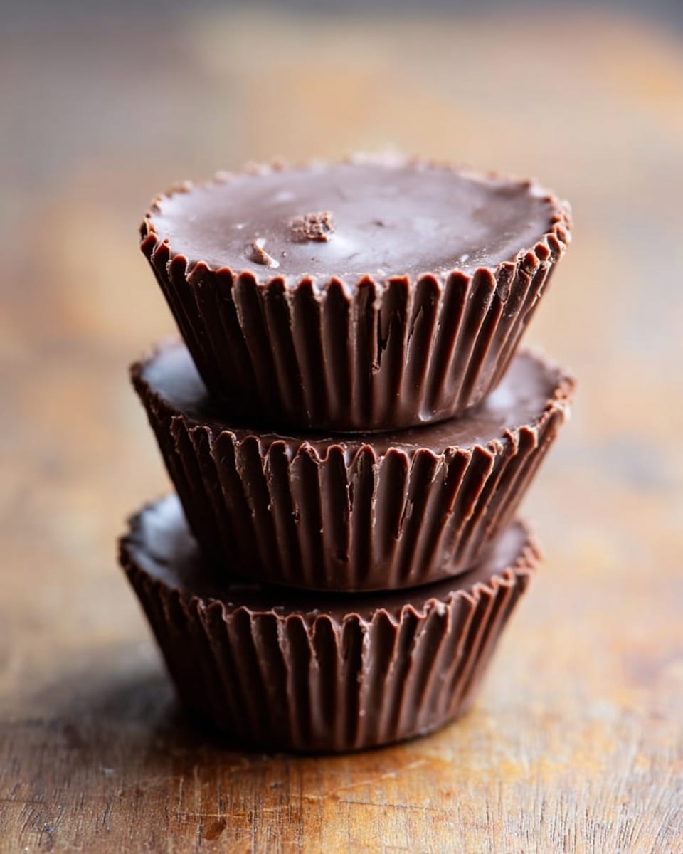 A stack of three chocolate cups is shown, each with a smooth, shiny top layer of dark chocolate and a ridged, crinkled dark chocolate wrapper around the sides. The cups are neatly stacked one on top of the other, creating a small tower on a wooden surface. The texture of the chocolate is smooth with slight imperfections on the top, and the edges have a crisp, folded look. The background is softly blurred, focusing attention on the chocolate cups. photo taken with an iphone --ar 4:5 --v 7