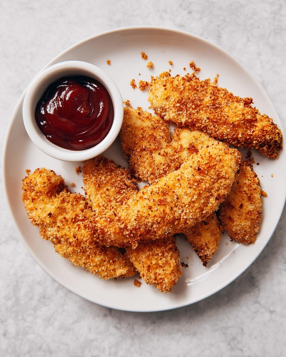 A white plate holds five pieces of crispy golden-brown breaded chicken tenders arranged loosely, showing their rough, crunchy texture with small browned crumbs around them. On the left side of the plate, there is a small white cup filled with smooth, shiny, dark red dipping sauce. The plate sits on a white marbled textured surface. photo taken with an iphone --ar 4:5 --v 7