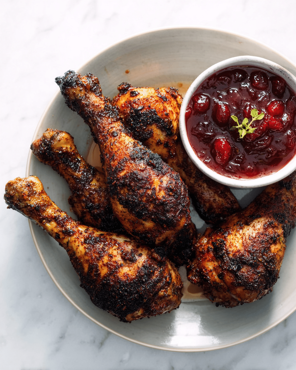 A white plate holds four grilled chicken drumsticks covered with a dark, charred spice crust, showing brown and black tones with a slightly rough texture. On the right side of the plate, there is a small white bowl filled with a thick, glossy red cranberry sauce that has whole cranberries visible inside and a small green herb garnishing the top. The plate sits on a white marbled surface with soft shadows around it. photo taken with an iphone --ar 4:5 --v 7