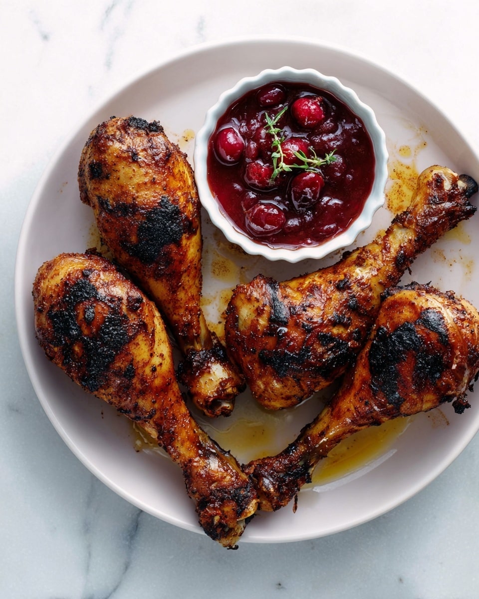 A white plate holds four grilled chicken drumsticks with a dark golden brown color and a slightly charred texture, arranged around a small white bowl filled with a glossy deep red sauce containing whole cranberries and a small green herb sprig on top. The plate is placed on a white marbled surface, showing some drips and juices from the chicken. Photo taken with an iphone --ar 4:5 --v 7