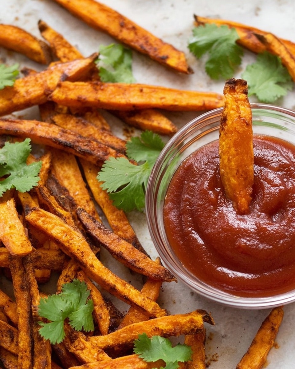 The image shows a white marbled surface with many crispy sweet potato fries scattered around. The fries are thick, golden orange with a slightly charred brown edge, indicating they are well-cooked and crunchy. Among the fries, there are a few bright green cilantro leaves adding fresh color to the scene. In the middle right side of the image is a clear glass bowl filled with thick, red-brown ketchup, with one sweet potato fry dipped into it. The contrast between the vibrant colors of the fries, cilantro, and ketchup stands out on the white marbled background. photo taken with an iphone --ar 4:5 --v 7