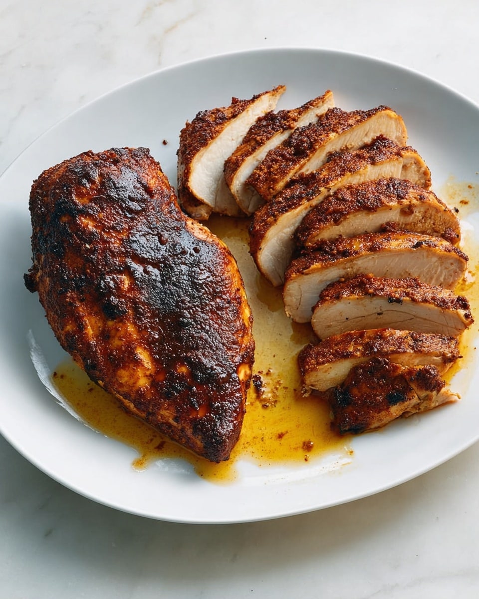 A white oval plate holds two main parts of cooked chicken breast. On the left is a whole piece with a dark, crispy outside that looks slightly charred. On the right, the chicken breast is sliced into eight thick pieces showing a juicy, light brown interior with the same dark, textured crust on the outside. The plate has small pools of golden-brown juices under and around the chicken. The background is a white marbled surface. photo taken with an iphone --ar 4:5 --v 7