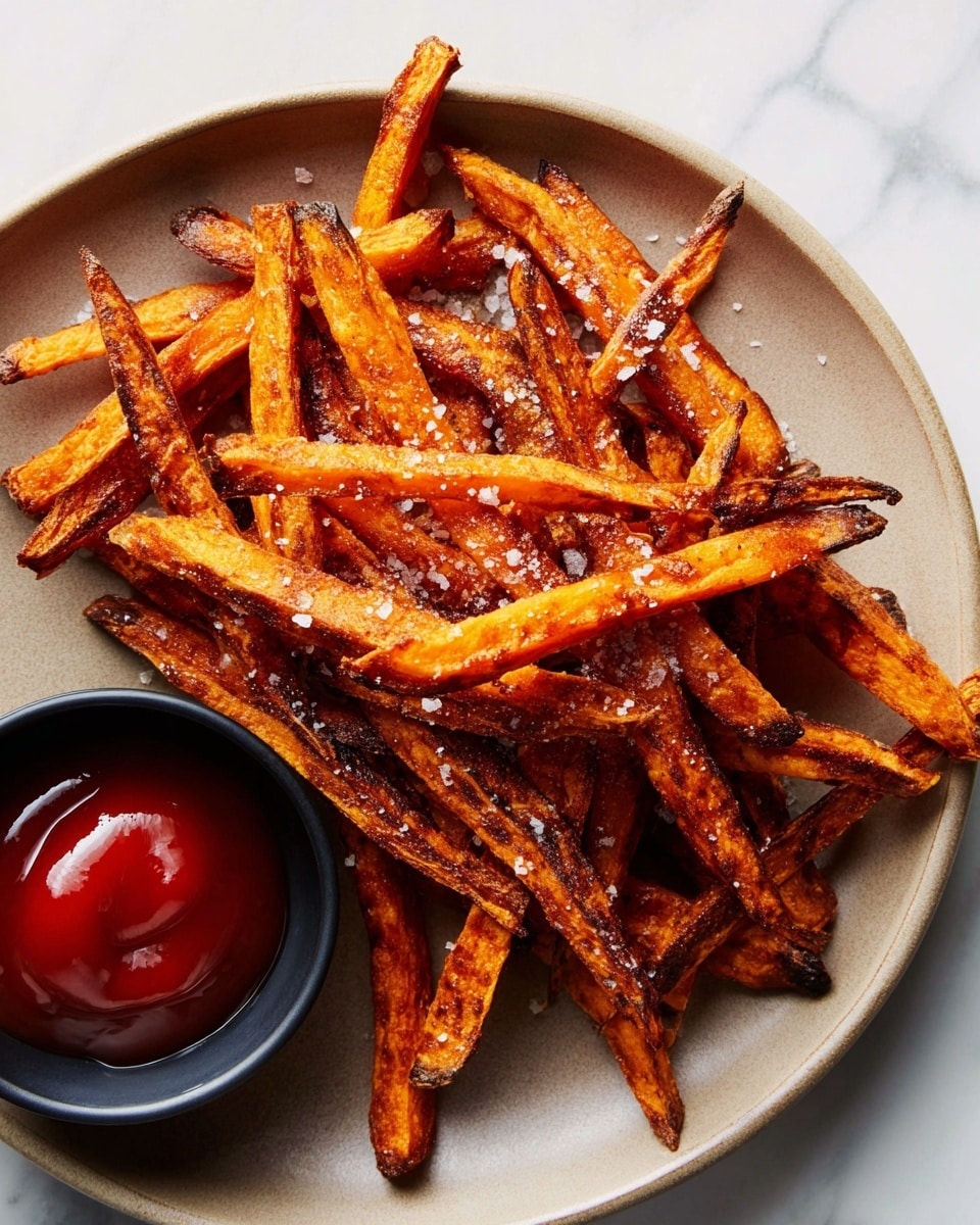 A pile of crispy sweet potato fries with a slightly burnt orange color and rough texture, sprinkled with coarse sea salt, is placed on a round white plate. In the lower left side of the plate, there is a small bowl filled with shiny red ketchup. The surface beneath the plate has a white marbled texture. photo taken with an iphone --ar 4:5 --v 7