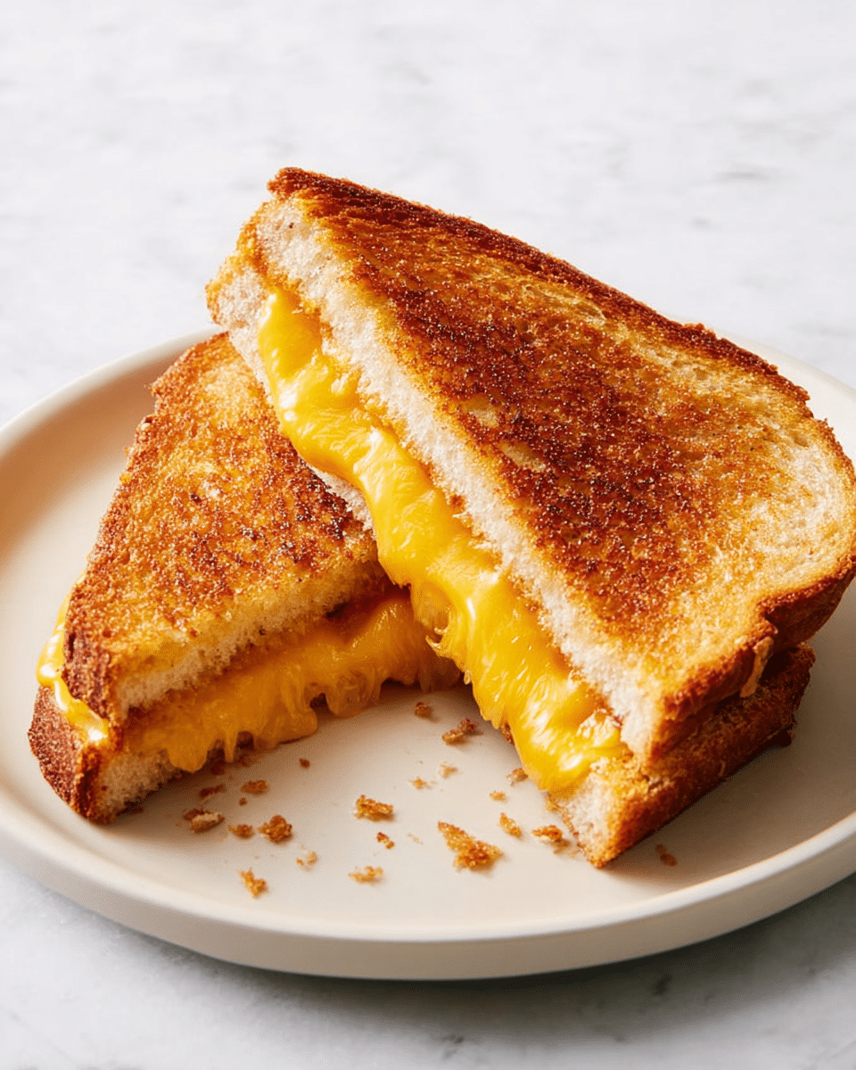 A close-up image of a grilled cheese sandwich cut diagonally into two triangular pieces placed on a white plate. The sandwich has two layers of golden-brown toasted bread with a crispy texture, and between them is a thick layer of melted, bright yellow cheese stretching out slightly from the edges. The plate sits on a white marbled surface with a few small crumbs scattered around. photo taken with an iphone --ar 4:5 --v 7