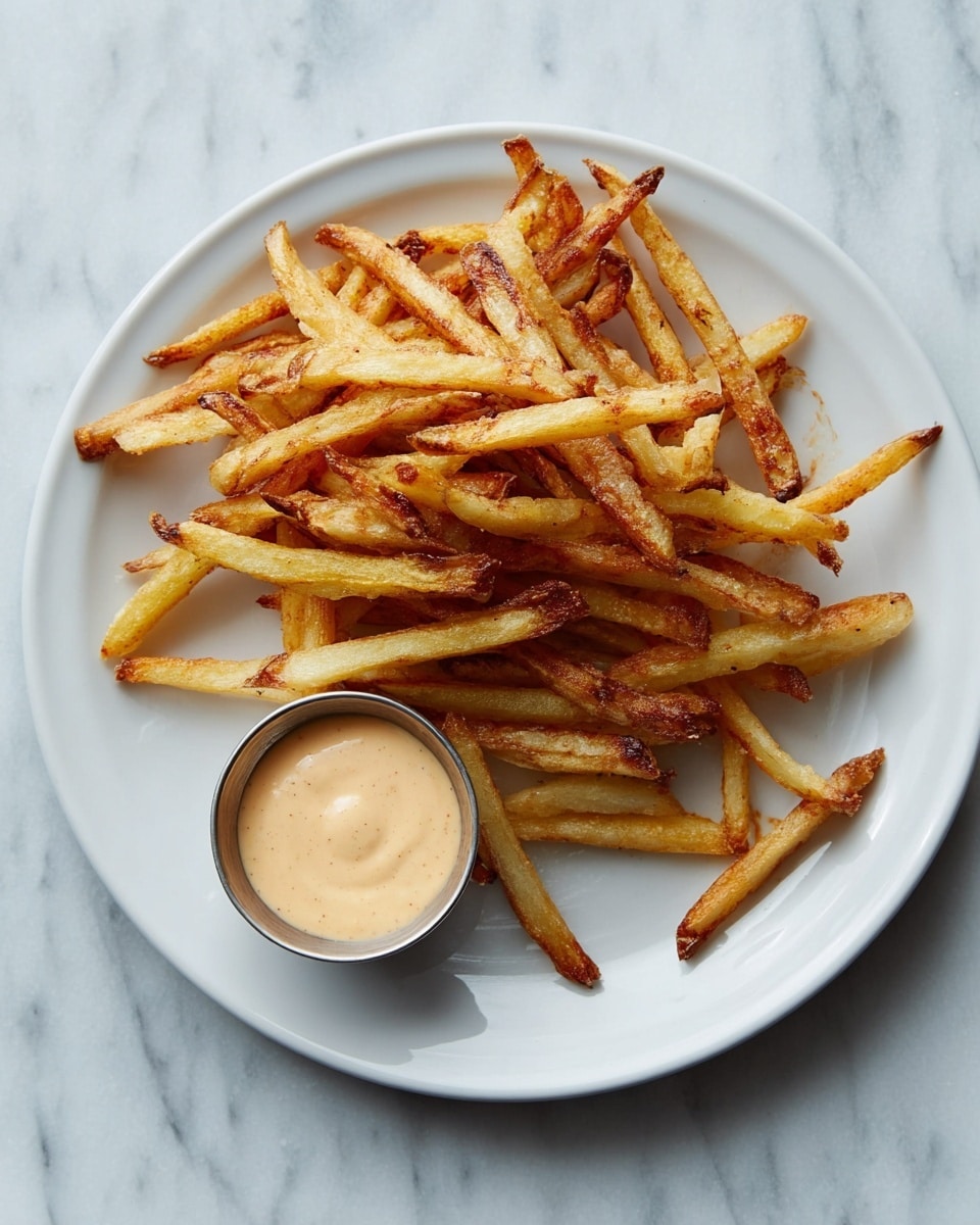 A white plate holds a neat pile of crispy golden-brown French fries arranged in a loose stack. To the side of the fries on the plate is a small metal cup filled with creamy beige dipping sauce that has a smooth texture. The plate sits on a white marbled surface, giving a clean and simple look. photo taken with an iphone --ar 4:5 --v 7