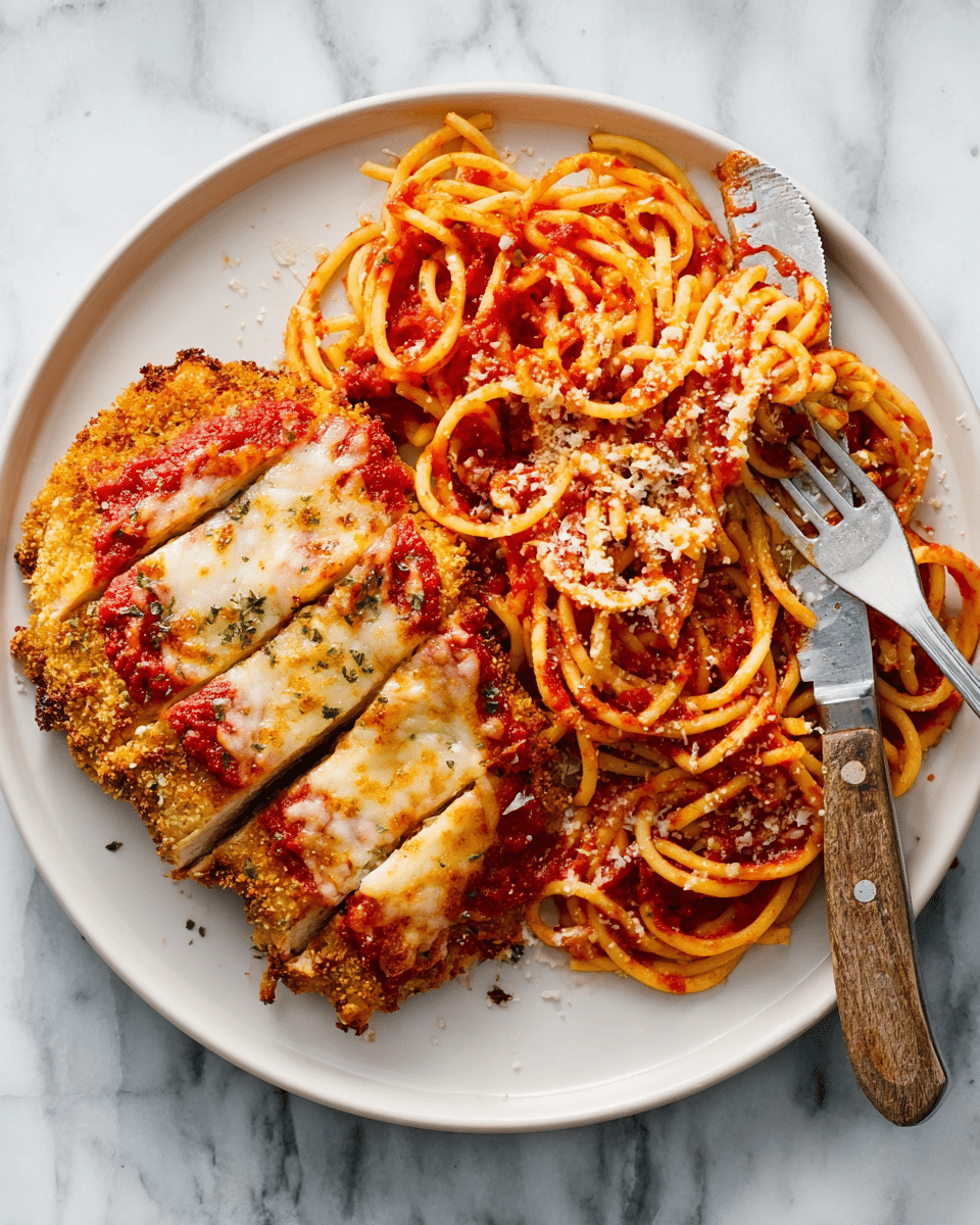 A white plate holds a serving of spaghetti and a piece of chicken parmesan. The chicken has three layers: a crispy golden-brown breaded crust at the bottom, a layer of red tomato sauce in the middle, and melted, slightly browned cheese on top. The spaghetti is twisted into loose spirals, covered in thick red tomato sauce with small bits of herbs, and sprinkled lightly with grated cheese. A fork with a piece of chicken and a knife with a wooden handle rest on the plate. The plate is placed on a white marbled surface. photo taken with an iphone --ar 4:5 --v 7