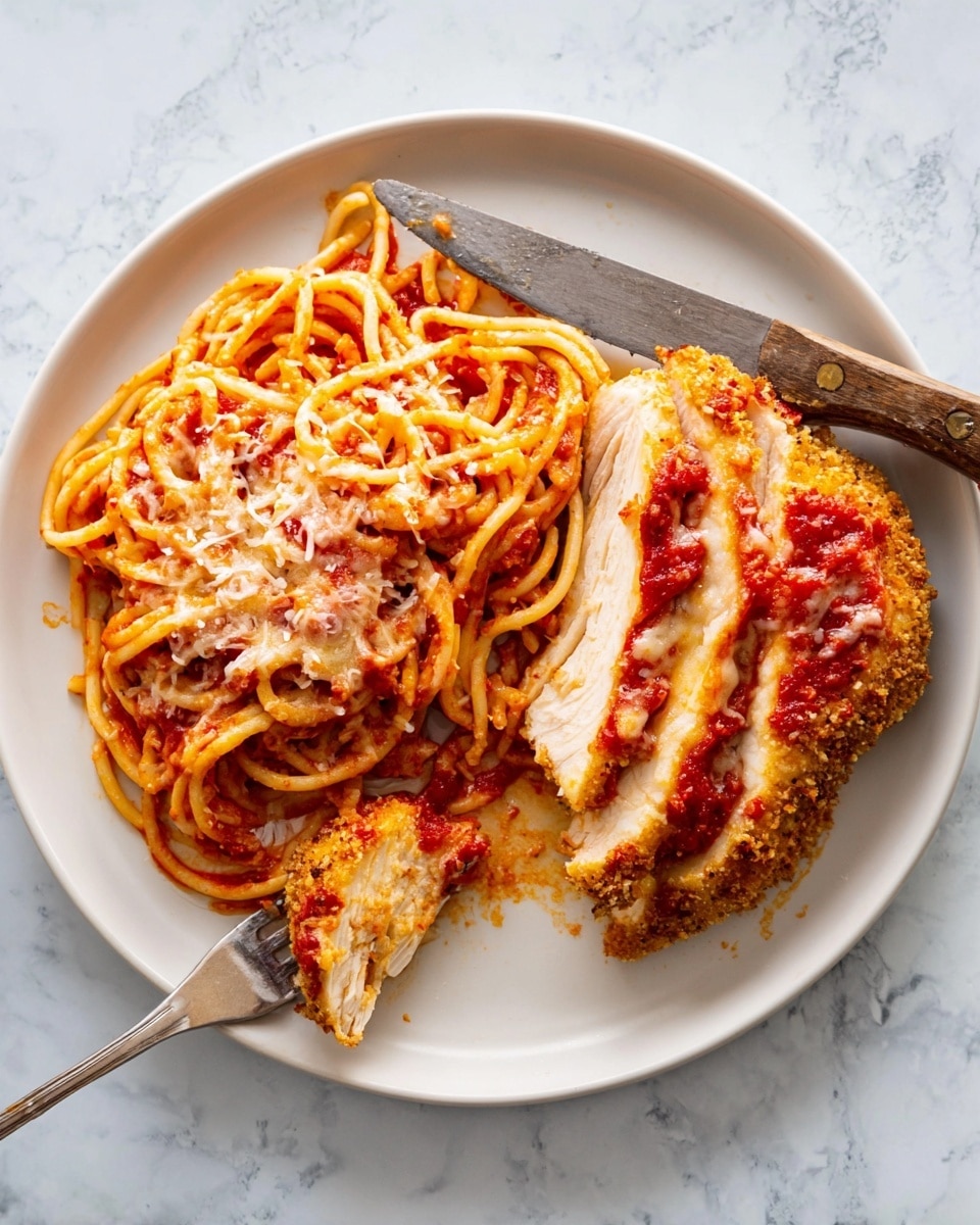 A white plate holds a serving of spaghetti and chicken parmesan placed on a white marbled surface. On the left side of the plate, there is one layer of light orange spaghetti coated in smooth red tomato sauce, sprinkled lightly with grated cheese that looks white and crumbly. On the right side, one thick slice of chicken parmesan has three visible layers: the bottom is the light beige cooked chicken breast, the middle layer is a crisp light golden breaded crust, and the top layer is melted pale yellow cheese mixed with chunky red marinara sauce. A silver fork holds a small piece of chicken parmesan and rests on the bottom left edge of the plate, while a knife with a wooden handle lies on the right side. Photo taken with an iphone --ar 4:5 --v 7
