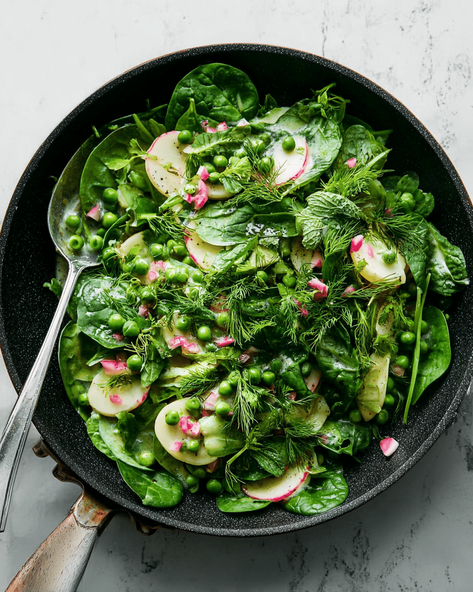 The image shows a black pan filled with a fresh salad on a white marbled surface. The base layer consists of dark green spinach leaves spread evenly across the pan. On top of the spinach, creamy white potato slices are scattered, some partly covered by the greens. Bright green peas add small, round pops of color across the salad. Fresh herbs like dill, mint, and parsley form a thick green layer, giving texture and volume to the dish. Tiny pieces of pink radish are sprinkled throughout, adding a touch of color contrast. A silver spoon rests inside the pan on the left side. Photo taken with an iphone --ar 4:5 --v 7