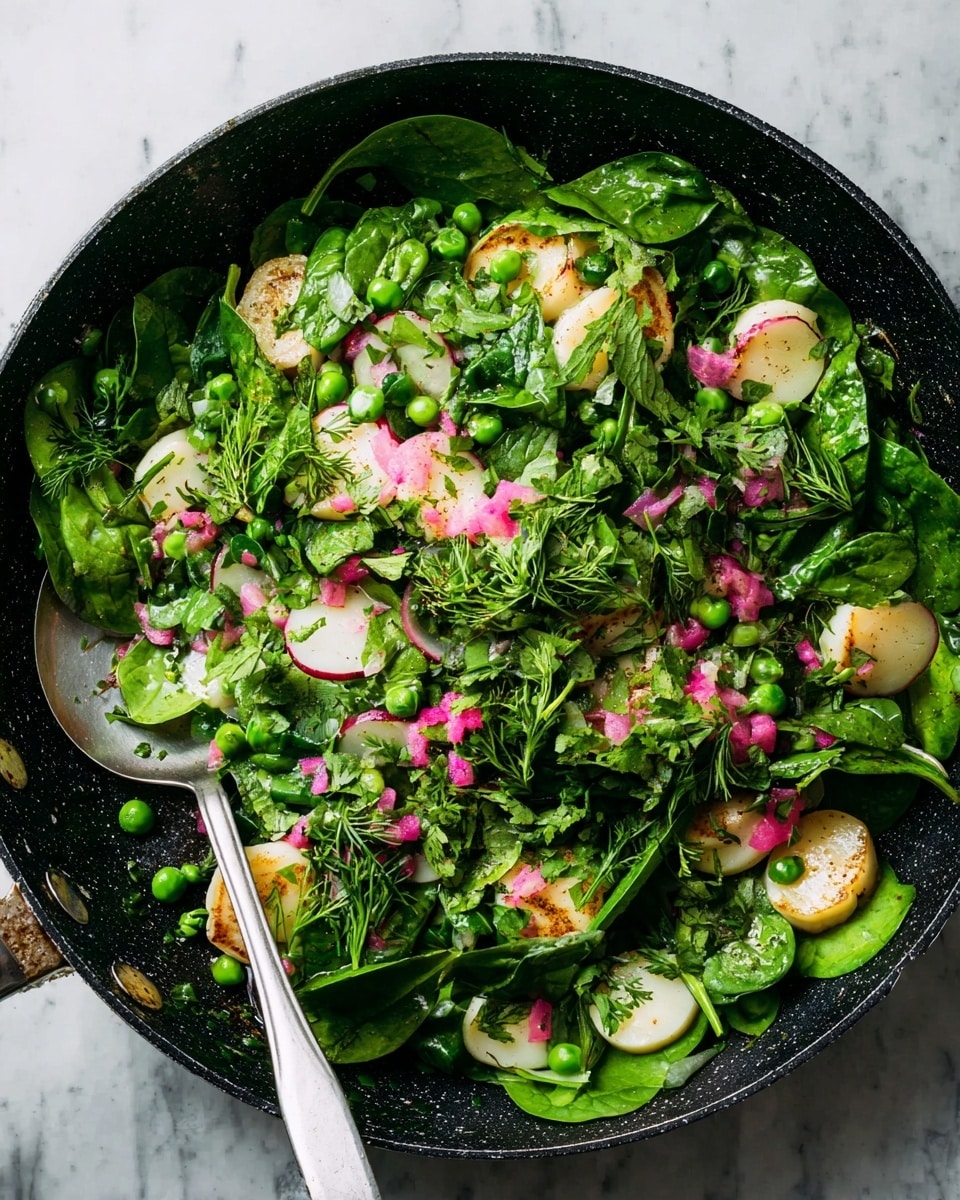 A black skillet filled with a fresh green salad layered with bright green spinach leaves forming the base, scattered with light green peas and thinly sliced white rounds of scallops or a similar seafood, topped with chopped small pink pickled pieces and a heap of fresh herbs including mint, dill, and cilantro, all mixed gently with a light creamy dressing visible in some areas, a metal spoon placed inside the skillet on the left side, the skillet resting on a white marbled surface photo taken with an iphone --ar 4:5 --v 7