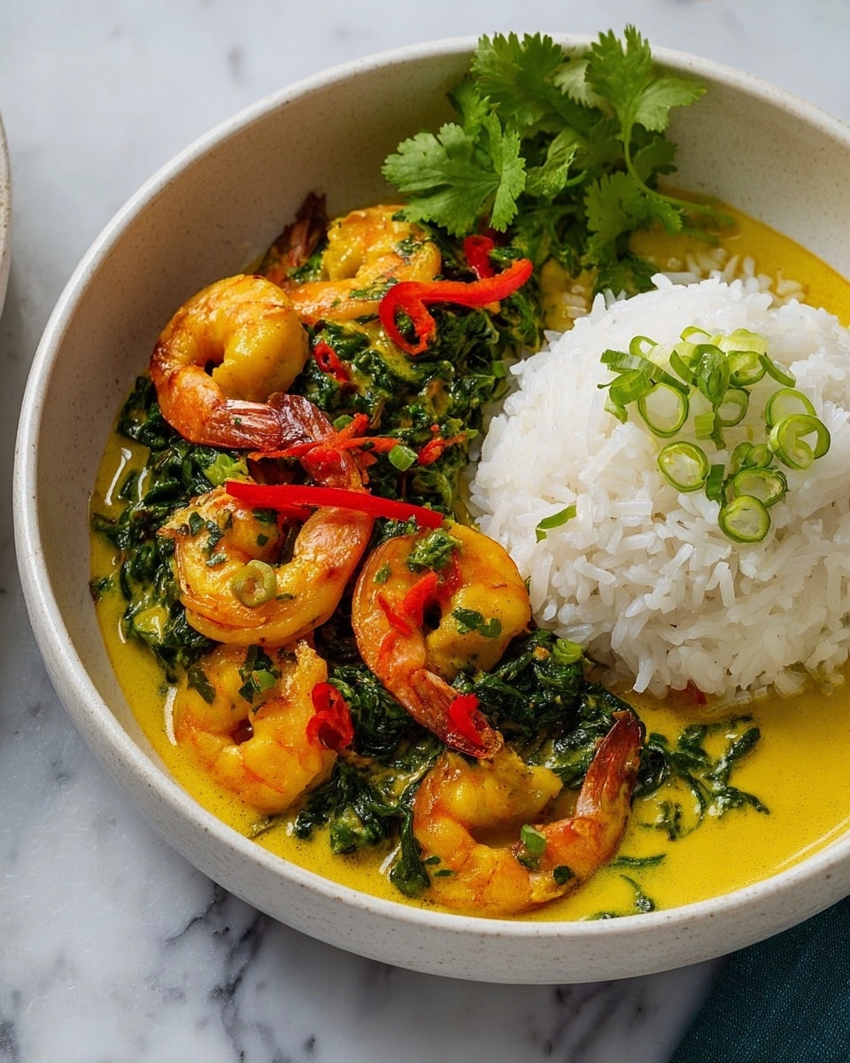 A deep white bowl holds a dish with two main layers: on the right side, a mound of fluffy white rice with individual grains visible and garnished lightly with green cilantro leaves and thin round slices of green onion. The left side contains a golden yellow creamy sauce layer with visible cooked spinach leaves in dark green and bright orange shrimp, some partly covered by the sauce, arranged with their tails curled. Thin red chili slices add a pop of color on top, and a sprig of fresh green cilantro sits near the rice. The bowl is placed on a white marbled surface, photo taken with an iphone --ar 4:5 --v 7