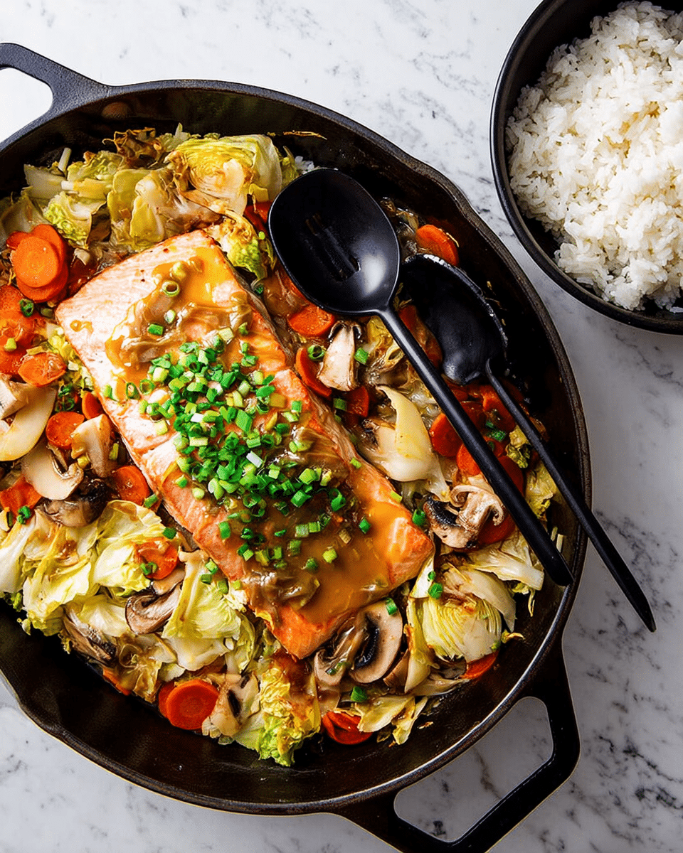 The image shows a black cast iron pan filled with cooked vegetables and a large piece of cooked salmon in the center topped with chopped green onions. The salmon is pink with a light brown sauce on top. Around the fish, there are three layers of vegetables including orange carrot slices, light green cabbage leaves, and light brown mushrooms, all mixed together. A pair of black serving spoons rest on the salmon. To the right side of the pan, there is a black bowl filled with white steamed rice. Everything is placed on a white marbled surface. Photo taken with an iphone --ar 4:5 --v 7
