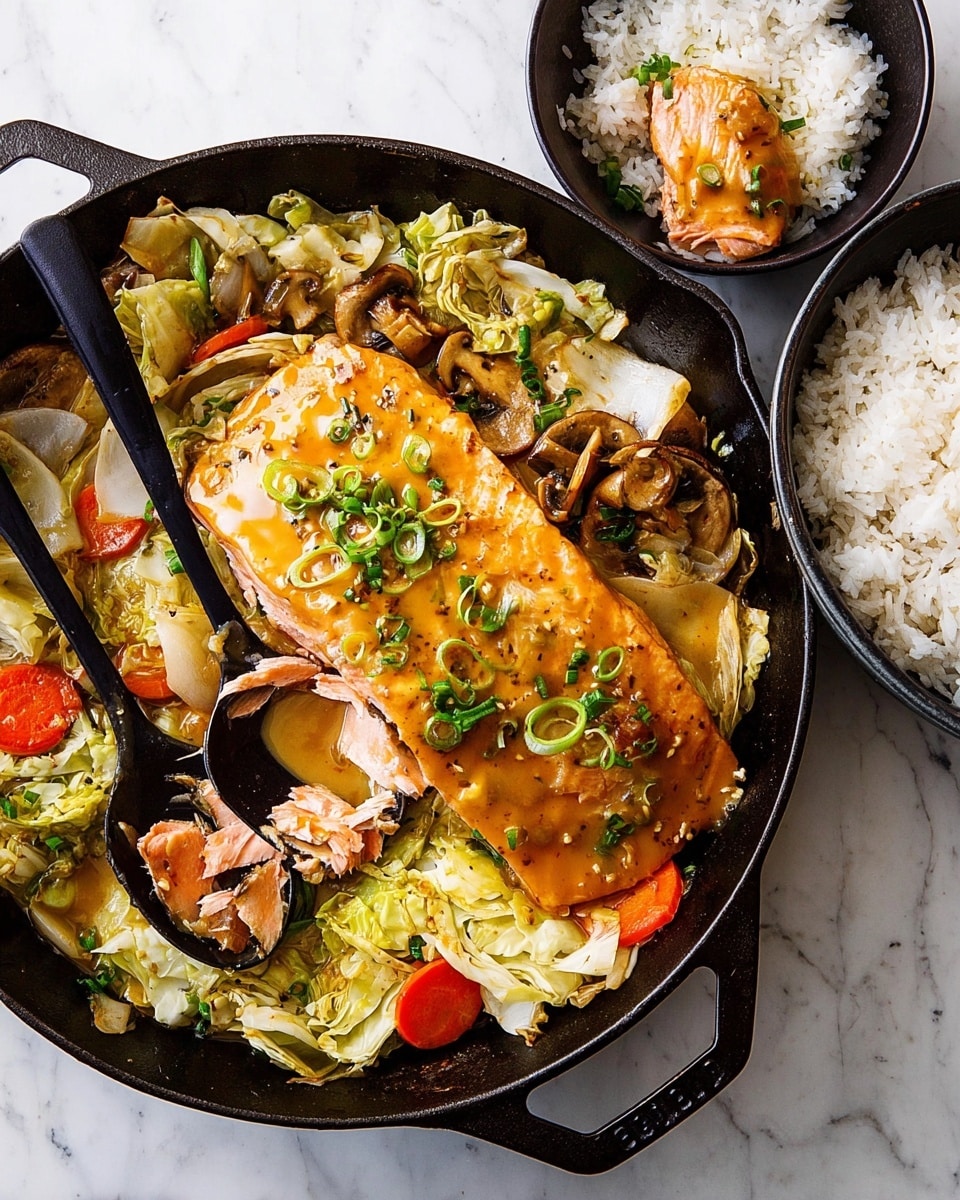 A black cast iron skillet sits on a white marbled surface, filled with cooked vegetables including cabbage, orange carrot slices, and light beige mushrooms, forming the base layer. On top lies a large piece of cooked salmon fillet with a light orange-brown sauce covering it, sprinkled with small green chopped spring onions. Two black utensils rest on the salmon, one scooping a portion to reveal the pink flaky inside of the fish. To the right, a black bowl holds a generous serving of white cooked rice. The meal looks warm and inviting, photo taken with an iphone --ar 4:5 --v 7