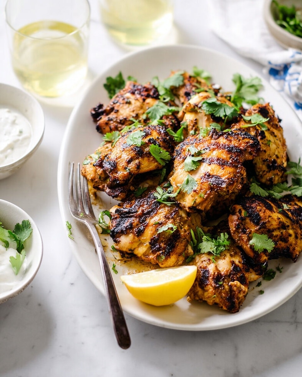 A white oval plate holds a stack of eight grilled chicken pieces with dark brown grill marks visible on golden-brown skin, sprinkled with fresh green cilantro leaves. On the left side of the plate, there is a yellow lemon wedge, and a fork with a black handle lies partially on the plate, with the fork prongs near the chicken. Surrounding the plate is a white marbled surface, with two small clear glasses filled with a light yellow drink in the upper right corner, and a round bowl with white creamy sauce slightly to the right. Photo taken with an iphone --ar 4:5 --v 7