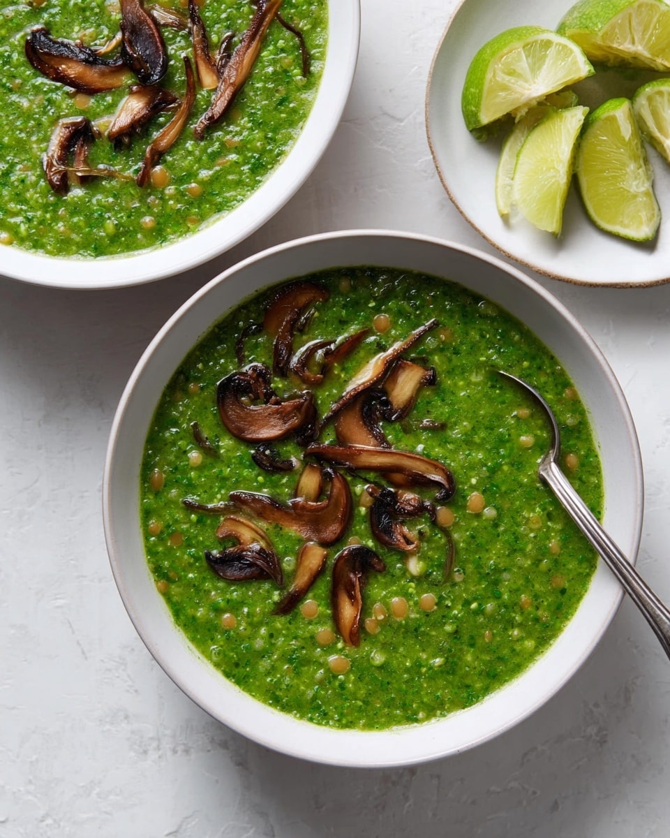 The image shows two white bowls filled with a vibrant green soup that has a thick, smooth texture with visible grains of rice and lentils mixed in. On top, there are several slices of dark brown, cooked mushrooms adding contrast and texture. One bowl has a silver spoon resting inside it, partially soaking in the soup. Near the bowls, a white plate holds lime wedges with a bright green and yellow color. All items are placed on a white marbled surface. photo taken with an iphone --ar 4:5 --v 7