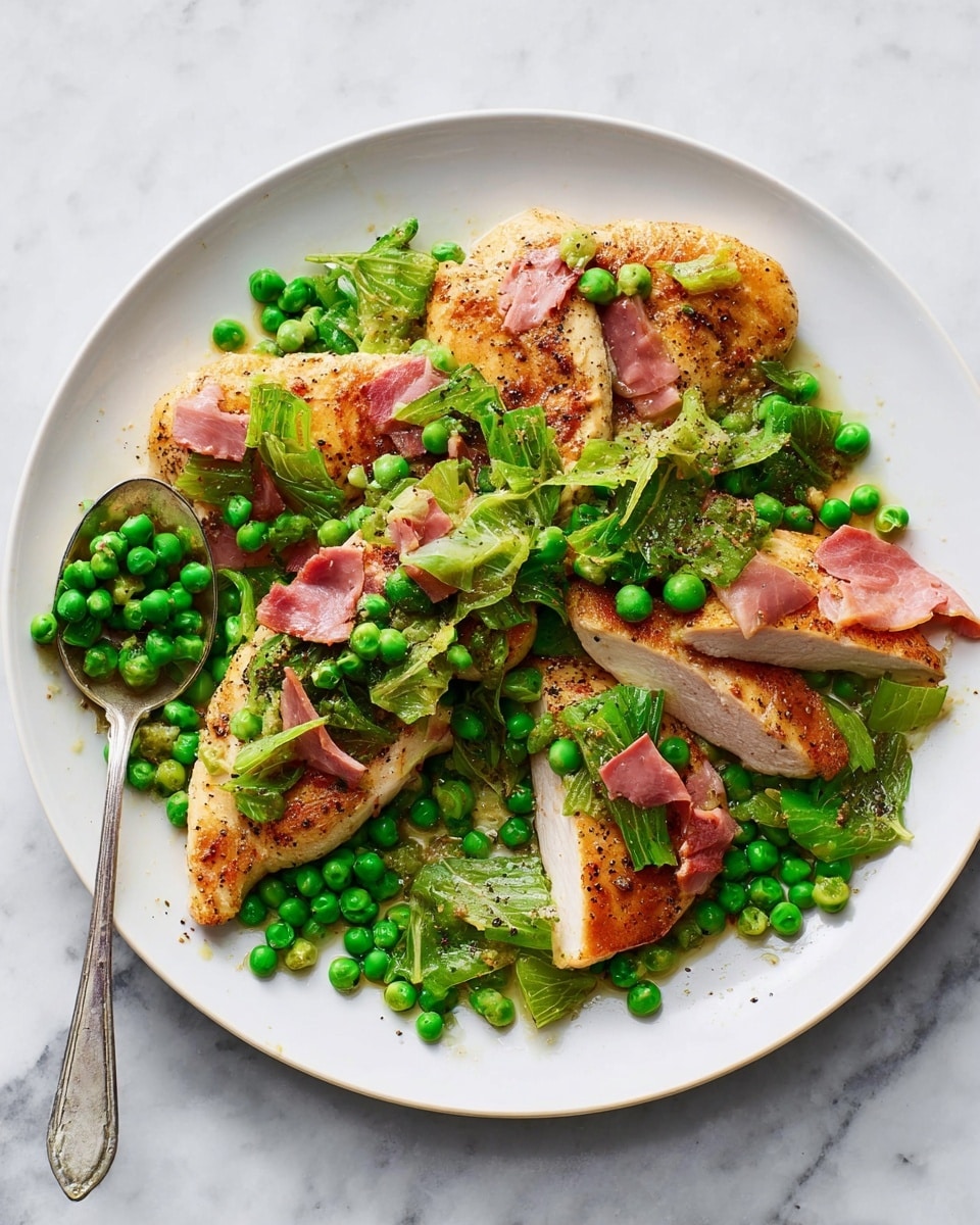 A white plate holds four cooked chicken breasts, each with a golden-brown, slightly crispy outer layer. Scattered on top and around the chicken breasts are bright green peas and wilted leafy greens, adding texture and color contrast. Thin slices of pink ham are mixed among the peas and greens, creating a layered look. A silver spoon with some peas on it rests on the plate's edge. The background is a white marbled surface. photo taken with an iphone --ar 4:5 --v 7