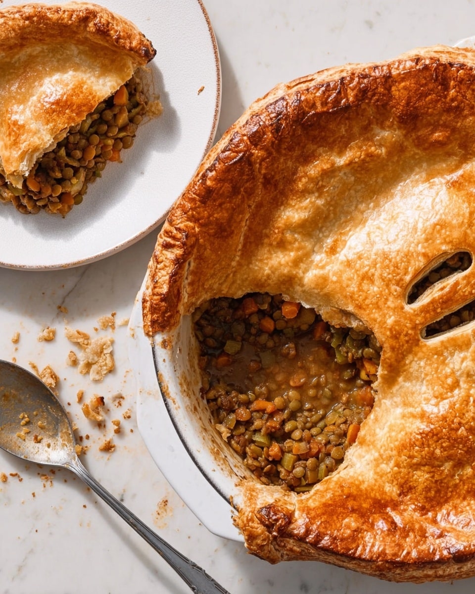 A round pie with a golden brown, shiny top crust that looks thick and slightly flaky, with several oval-shaped slits in the center showing the filling inside. One section of the pie is cut out, revealing a chunky, brown lentil and vegetable filling beneath the crust. Next to the pie, there is a white plate with a piece of the pie crust sitting on top of the same lentil and vegetable filling, which is slightly wet and textured with small diced vegetables. There is a spoon resting on the plate, and a few crumbs are scattered around on a white marbled surface. Photo taken with an iphone --ar 4:5 --v 7
