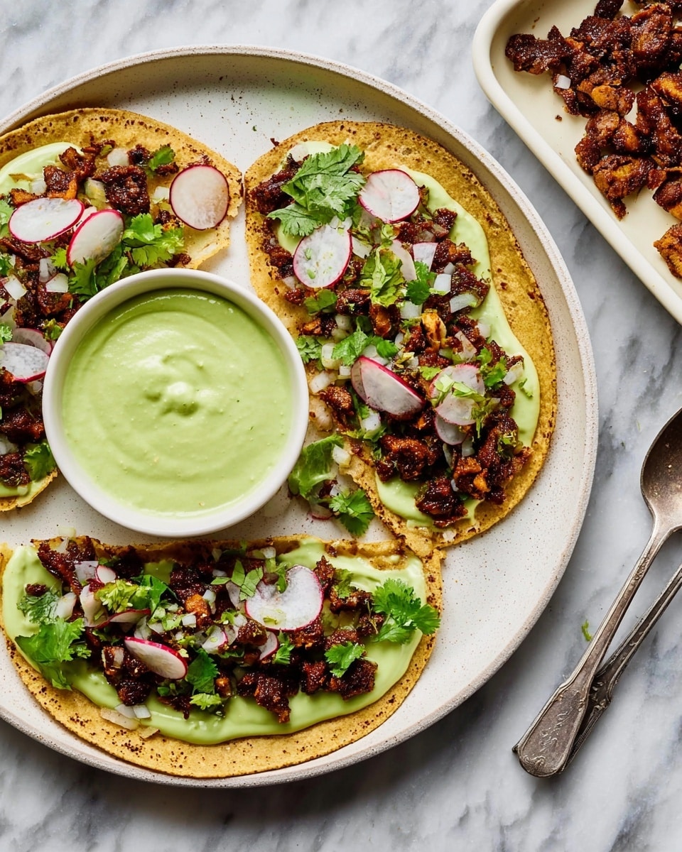 Three tacos on a round white plate each have a bottom layer of light green creamy sauce spread evenly on the tortilla, topped with a layer of dark brown cooked meat pieces, followed by thin pale pink radish slices, small white onion bits, and green cilantro leaves scattered on top. In the center of the plate, there is a white bowl filled with smooth, pale green sauce. To the right, part of a white tray with more brown cooked meat pieces and a silver spoon is visible. The surface under everything is a white marbled texture. photo taken with an iphone --ar 4:5 --v 7