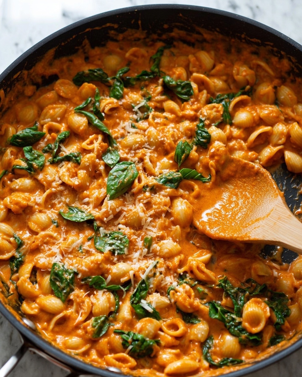 The image shows a black frying pan filled with a creamy orange pasta dish made with orzo pasta and chickpeas. The pasta is mixed with a rich orange sauce and sprinkled with bright green basil leaves scattered across the dish. Some grated cheese is sprinkled on top in small patches, adding light color contrasts. A woman's hand holds a light wooden spatula stirring the pasta, creating texture streaks along the pan's edge. The pan sits on a white marbled surface with some fresh basil leaves nearby and a small bowl of extra grated cheese visible at the bottom left corner. photo taken with an iphone --ar 4:5 --v 7