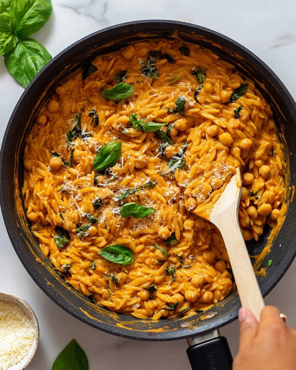 A close-up image of a pan filled with creamy pasta cooked in a tomato sauce, with small pasta shells coated in an orange sauce, scattered with fresh green basil leaves and sprinkled lightly with grated cheese. A wooden spoon rests in the pan, stirring the pasta gently, showing a rich, thick texture with bits of leafy greens blended into the sauce. The background surface is white marble, and the pan is black with some sauce stains visible along the edge. photo taken with an iphone --ar 4:5 --v 7