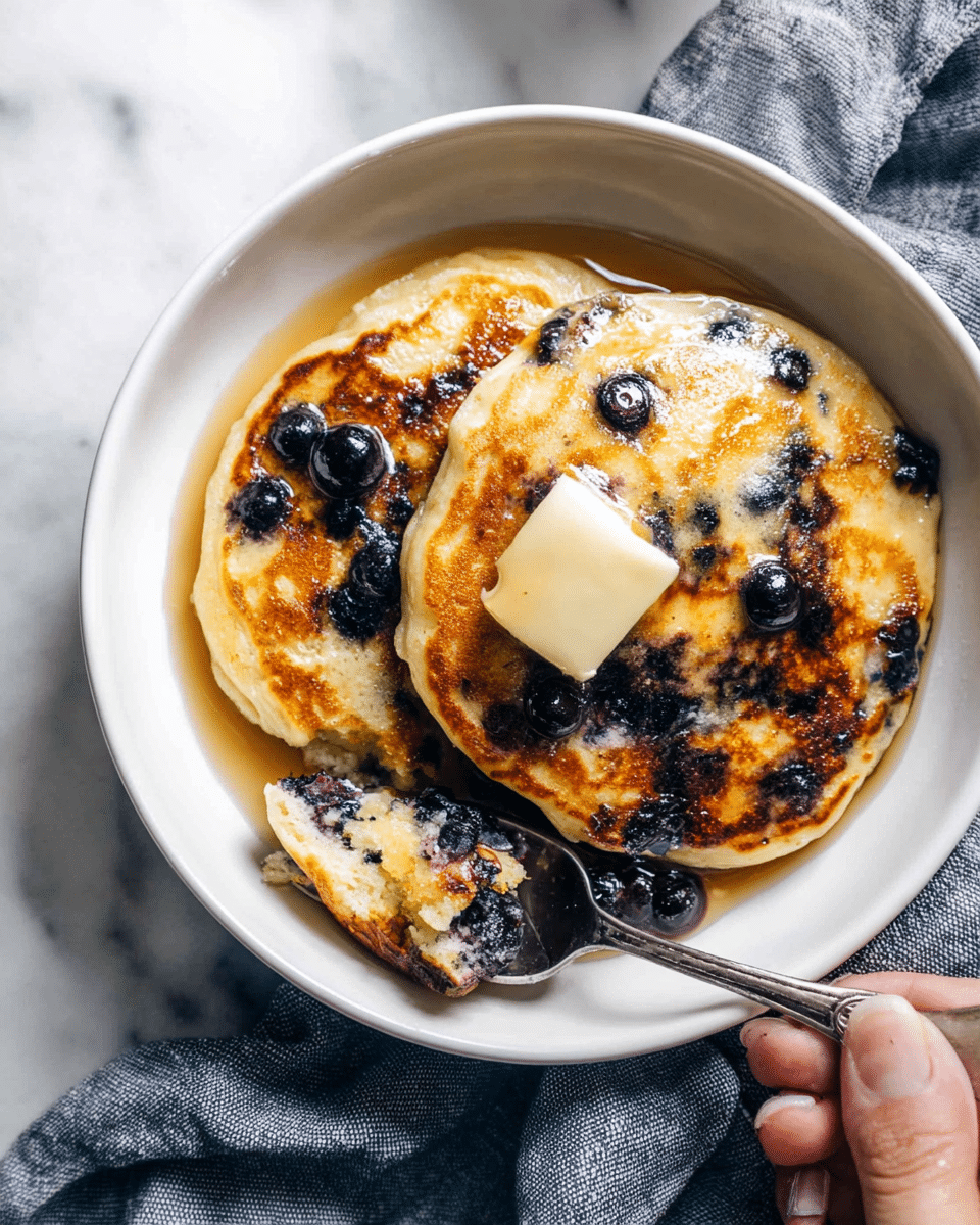 A white bowl holds two golden brown blueberry pancakes stacked side by side, each pancake dotted with dark, juicy blueberries. The top pancake is melting with a square of butter, shiny with syrup that pools around the edges. A woman's hand is holding a spoon scooping a piece from the top pancake, showing the soft, fluffy inside and more blueberries. The bowl is set on a white marbled surface, with a gray cloth partially visible nearby. Photo taken with an iphone --ar 4:5 --v 7