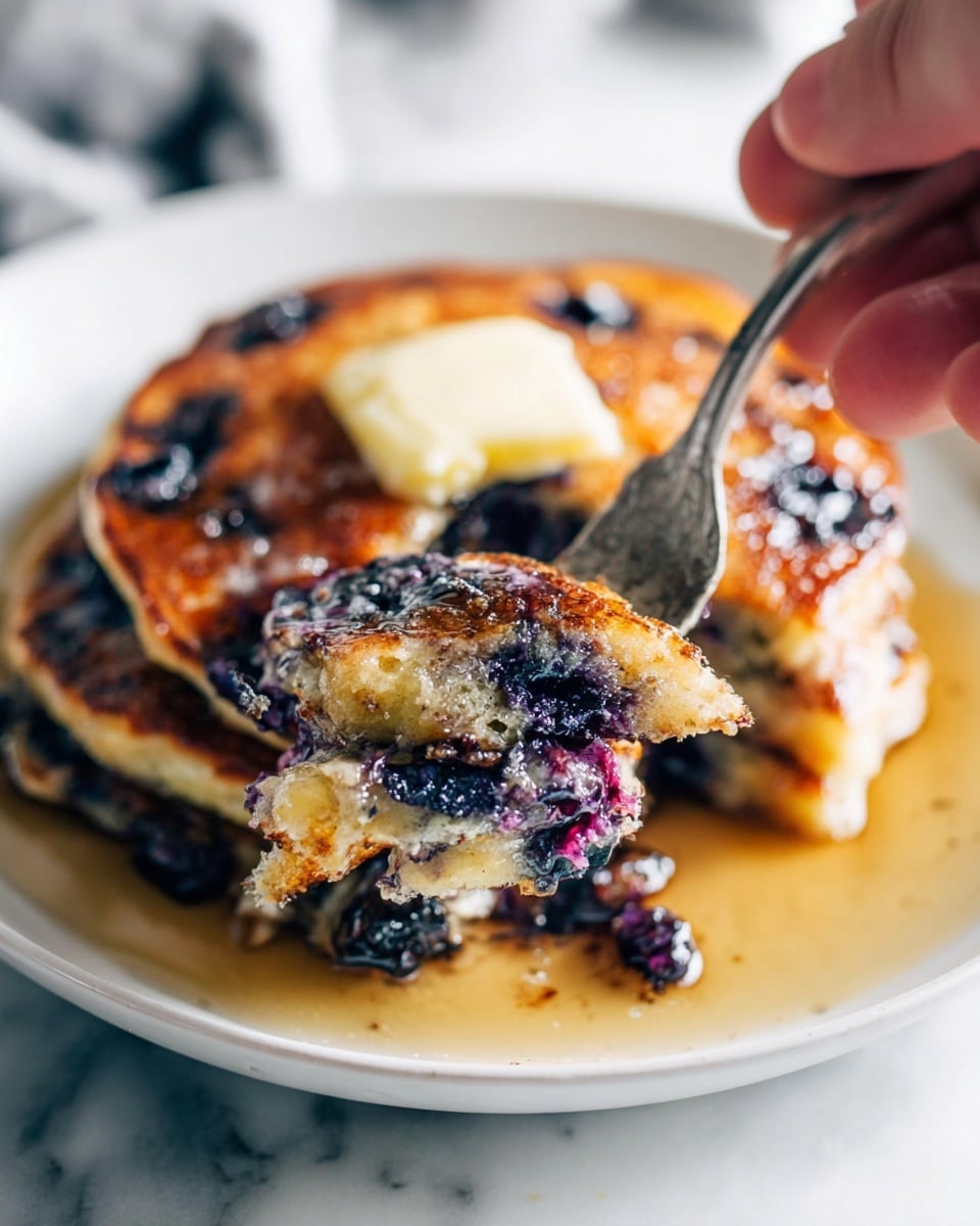 A close-up view of a thick, golden-brown blueberry pancake with visible dark purple blueberries bursting through the surface, topped with a melting pat of pale yellow butter. The pancake sits on a white plate filled with syrup pooling around it, giving a glossy shine. A fork lifts a piece of the pancake, showing a soft and moist interior full of more blueberries, while a woman’s hand holds the fork in the foreground. The dish is set on a white marbled surface, enhancing the warm colors of the pancake and syrup. photo taken with an iphone --ar 4:5 --v 7