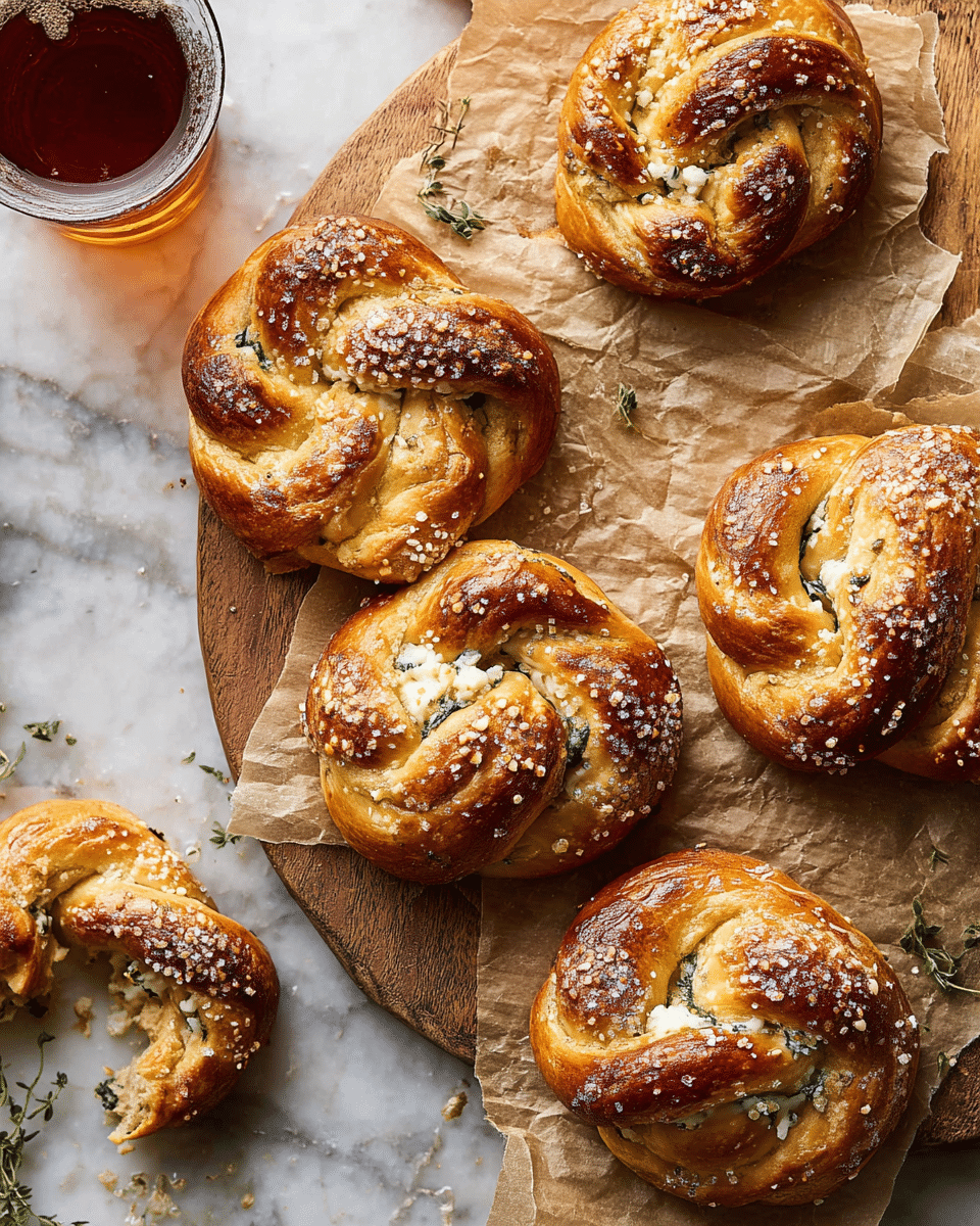 The image shows six golden-brown pretzel knots, each with a twisted shape and topped with coarse salt crystals. The pretzels have a soft, slightly shiny texture with hints of darker brown on the edges, indicating they are baked to a crisp finish. A few of the pretzels reveal a creamy white filling with green herbs peeking out from inside, suggesting a savory cheese and herb stuffing. The pretzels are placed on crinkled brown parchment paper over a wooden serving board on a white marbled surface. Near the upper left, there is a clear glass filled with a dark amber liquid, likely soda or beer. In the bottom left, a broken piece of pretzel shows its soft inside. Small green herb sprigs lie scattered around the pretzels for decoration. photo taken with an iphone --ar 4:5 --v 7