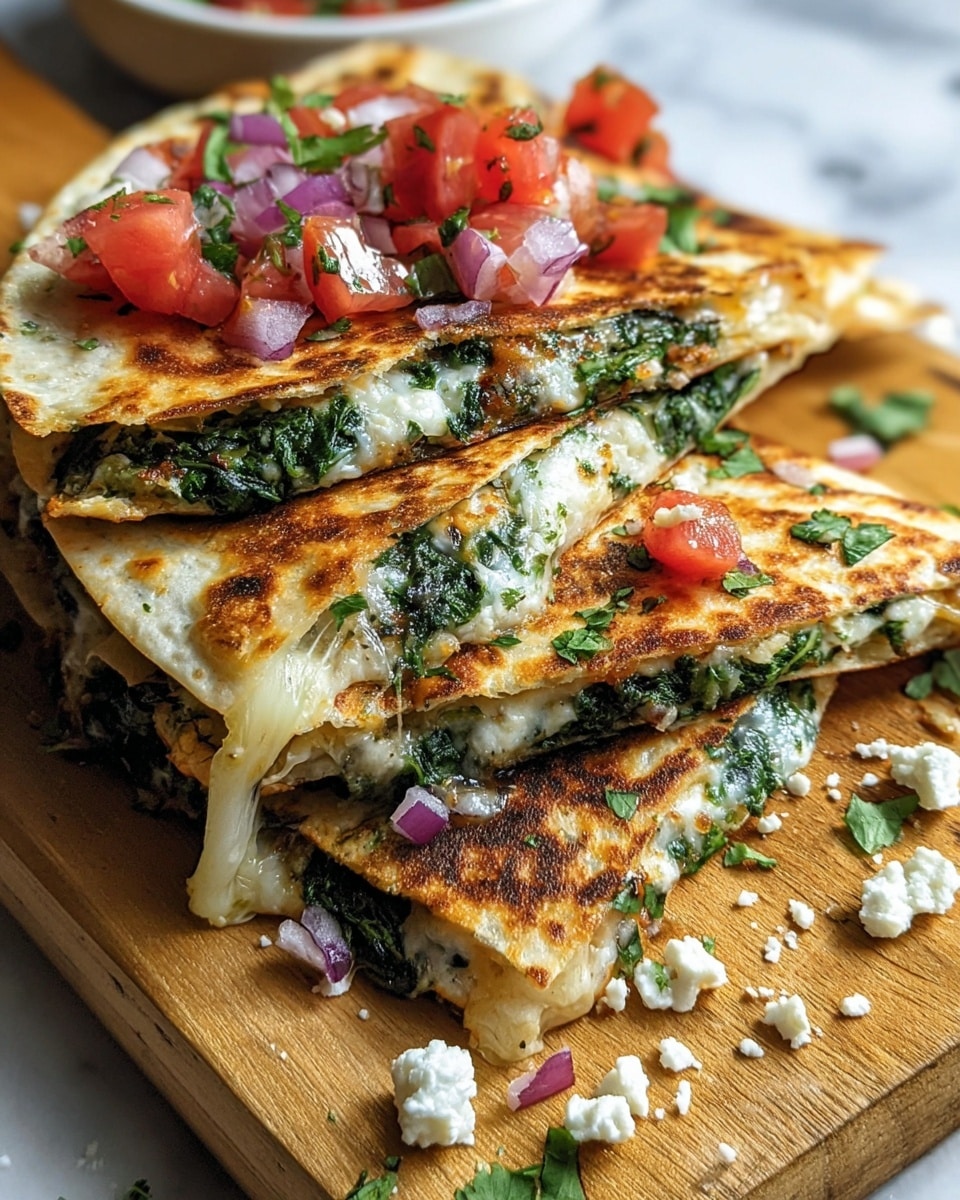 The image shows a stack of three folded quesadillas on a wooden board, each quesadilla cut into halves. Each quesadilla has two golden-brown, crispy toasted tortilla layers with a gooey melted cheese layer in between, along with spinach spread evenly. The top quesadilla is garnished with small, bright red tomato chunks, tiny purple onion pieces, and green herb leaves scattered on top and around. White crumbles of cheese are also sprinkled over the quesadillas and the wooden board. The background surface is a white marbled texture. Photo taken with an iphone --ar 4:5 --v 7