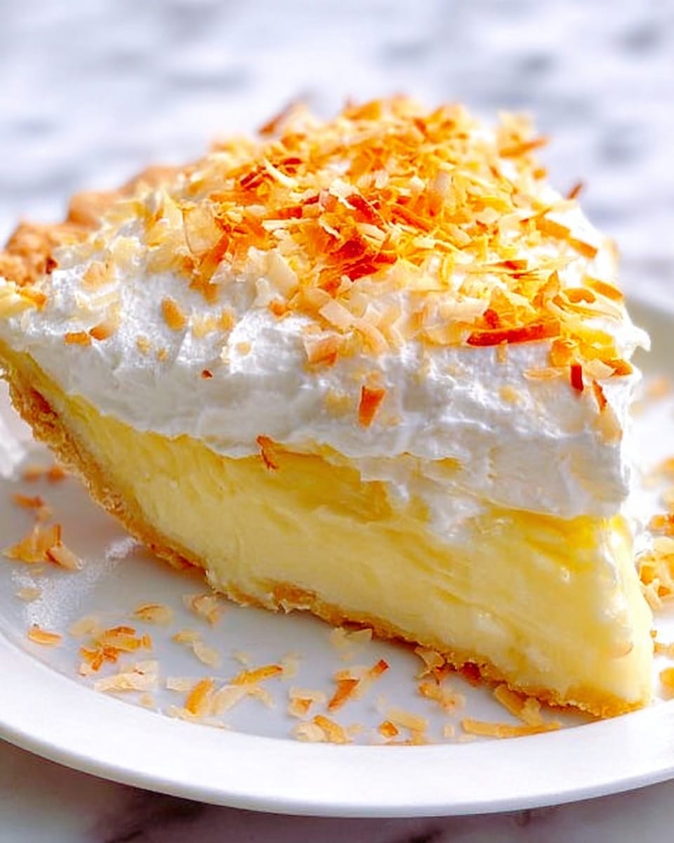 A slice of pie with three visible layers sits on a white plate. The bottom layer is thick and creamy with a smooth pale yellow custard texture. Above it is a fluffy, white whipped cream layer, light and airy, about the same thickness as the custard. The top is sprinkled with toasted coconut flakes that are golden brown with hints of orange and caramel, giving a toasted texture contrast. Some coconut flakes are scattered around the plate. The background is a white marbled surface. Photo taken with an iphone --ar 4:5 --v 7