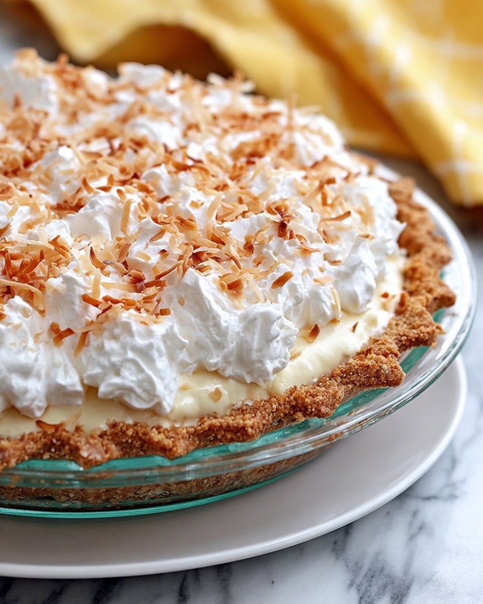 A close-up of a three-layer pie on a transparent glass dish placed on a white plate, set on a white marbled surface. The bottom layer is a golden brown crust with a rough, crumbly texture and a patterned edge. Above the crust is a thick layer of creamy white filling, topped with a generous layer of fluffy white whipped cream dumplings. The whipped cream is sprinkled with toasted shredded coconut, which is golden brown and scattered unevenly across the top. The background is softly blurred with some yellow and white fabric visible. Photo taken with an iphone --ar 4:5 --v 7