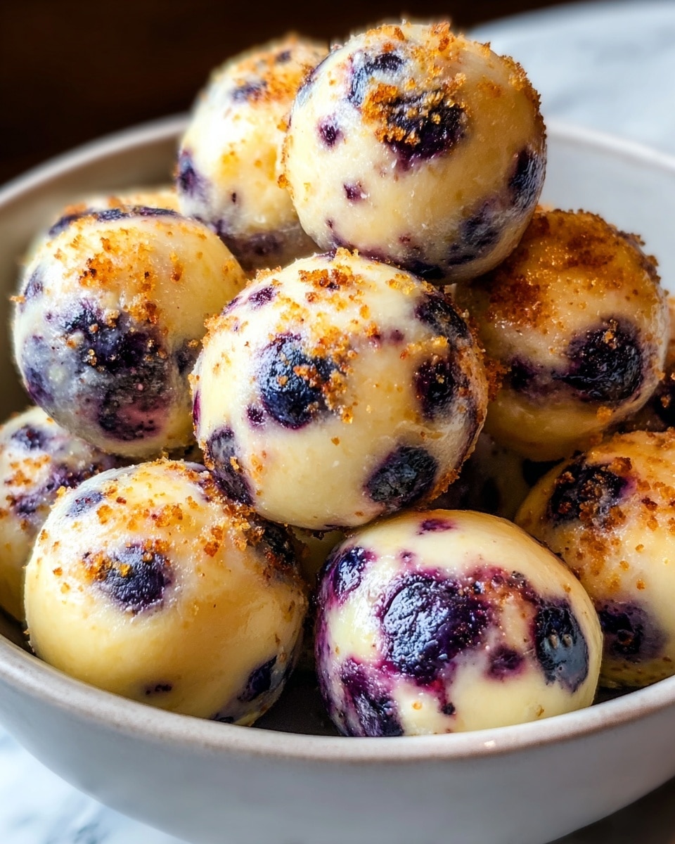 A bowl filled with round balls that have a creamy yellow base mixed with dark purple blueberry spots, each ball showing a slightly melted and glossy surface. The tops of the balls are sprinkled with a coarse crumb and gently browned, creating a contrast of golden-brown and creamy colors. The balls are closely packed inside a white bowl with a smooth finish, set against a white marbled texture. The photo is sharp and brightly lit, highlighting the moist texture and slight shine on the balls. photo taken with an iphone --ar 4:5 --v 7