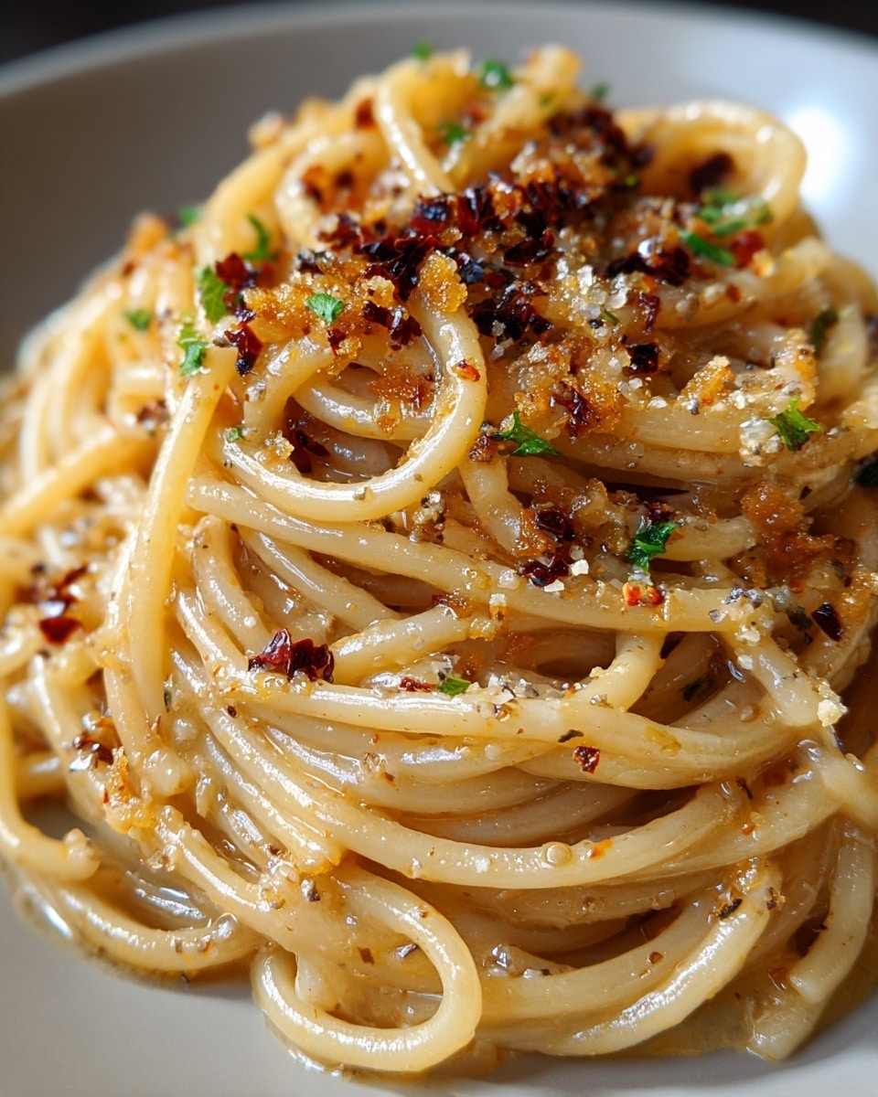 A close-up view of a round pile of creamy spaghetti noodles placed on a white plate, layered with a shiny light tan sauce that coats the noodles evenly. Scattered on top are small pieces of crispy browned garlic and dark red chili flakes that add texture. There are tiny bits of green herbs sprinkled around, along with a dusting of finely grated cheese and black pepper giving the dish a speckled look. The noodles appear glossy and soft with some slight curls and twists. The photo taken with an iphone --ar 4:5 --v 7