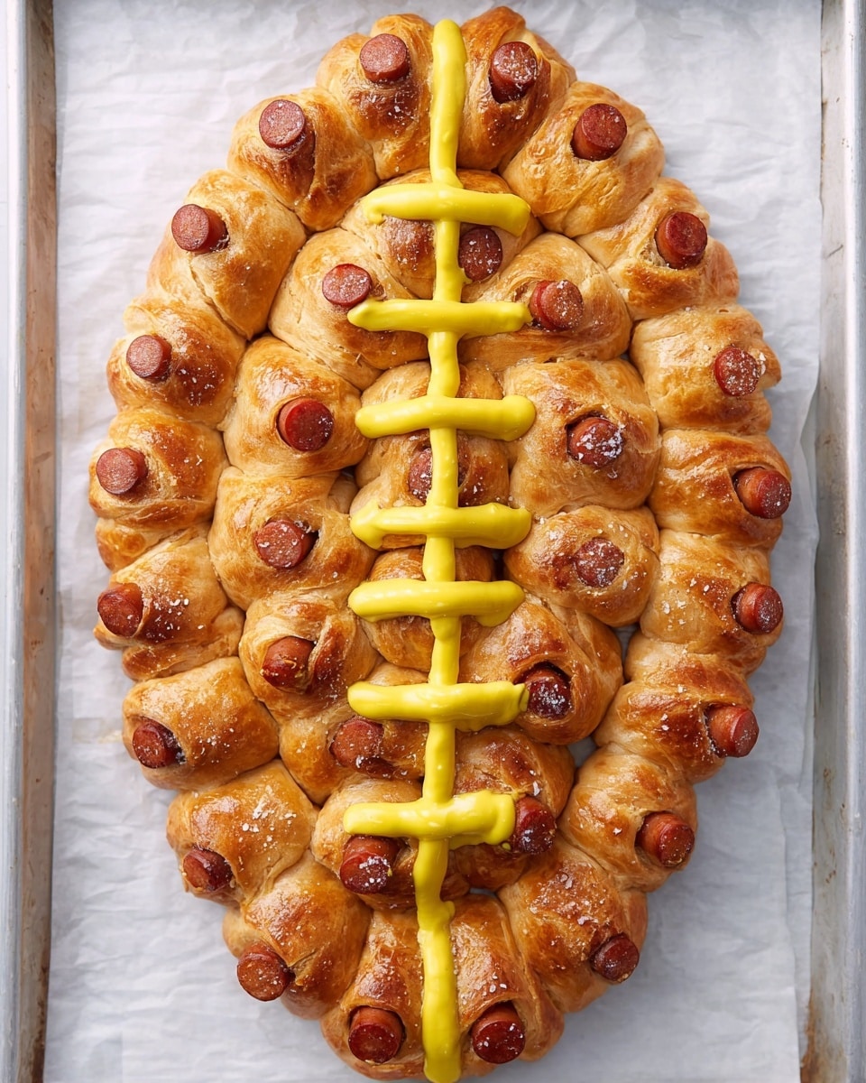 A baked ring of small golden-brown crescent rolls wrapped around mini sausages forms the shape of an American football. The crescent layers are glossy and slightly browned on top with some black pepper sprinkled, showing soft, flaky textures and pieces of pink sausages peeking through each fold. In the middle of the football shape, bright yellow mustard is drawn to resemble the laces of a football, with one thick horizontal line at the center and four shorter vertical lines crossing it. The whole bread football rests on white parchment paper inside a clear glass baking dish against a white marbled textured surface. photo taken with an iphone --ar 4:5 --v 7