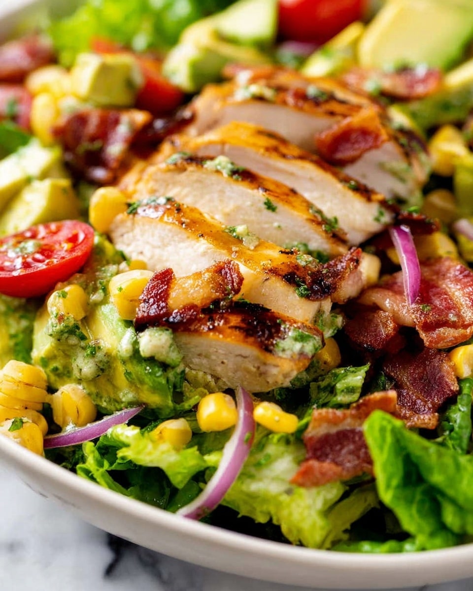 A white plate displays a fresh salad with three main layers: the bottom layer is crisp, bright green lettuce leaves spread out to cover the plate; on top of the lettuce, there are chunks of grilled chicken breast, golden brown with char marks and drizzled with a green herb sauce; the top layer consists of colorful diced avocado, red cherry tomatoes, and fresh corn kernels scattered across, with two lime wedges positioned on the side. The image background has a white marbled texture. photo taken with an iphone --ar 4:5 --v 7