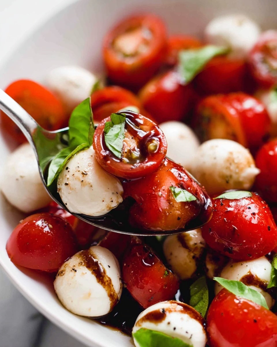 A white bowl filled with a fresh salad showing two main layers: the first layer consists of bright red cherry tomatoes, halved to reveal their juicy seeds and soft texture; the second layer has small, white mozzarella balls scattered evenly among the tomatoes. On top, green basil leaves are spread around, adding a pop of color and a leafy texture. A drizzle of golden olive oil is being poured over the salad from above. The bowl sits on a white marbled surface with blurred green leaves in the background. photo taken with an iphone --ar 4:5 --v 7
