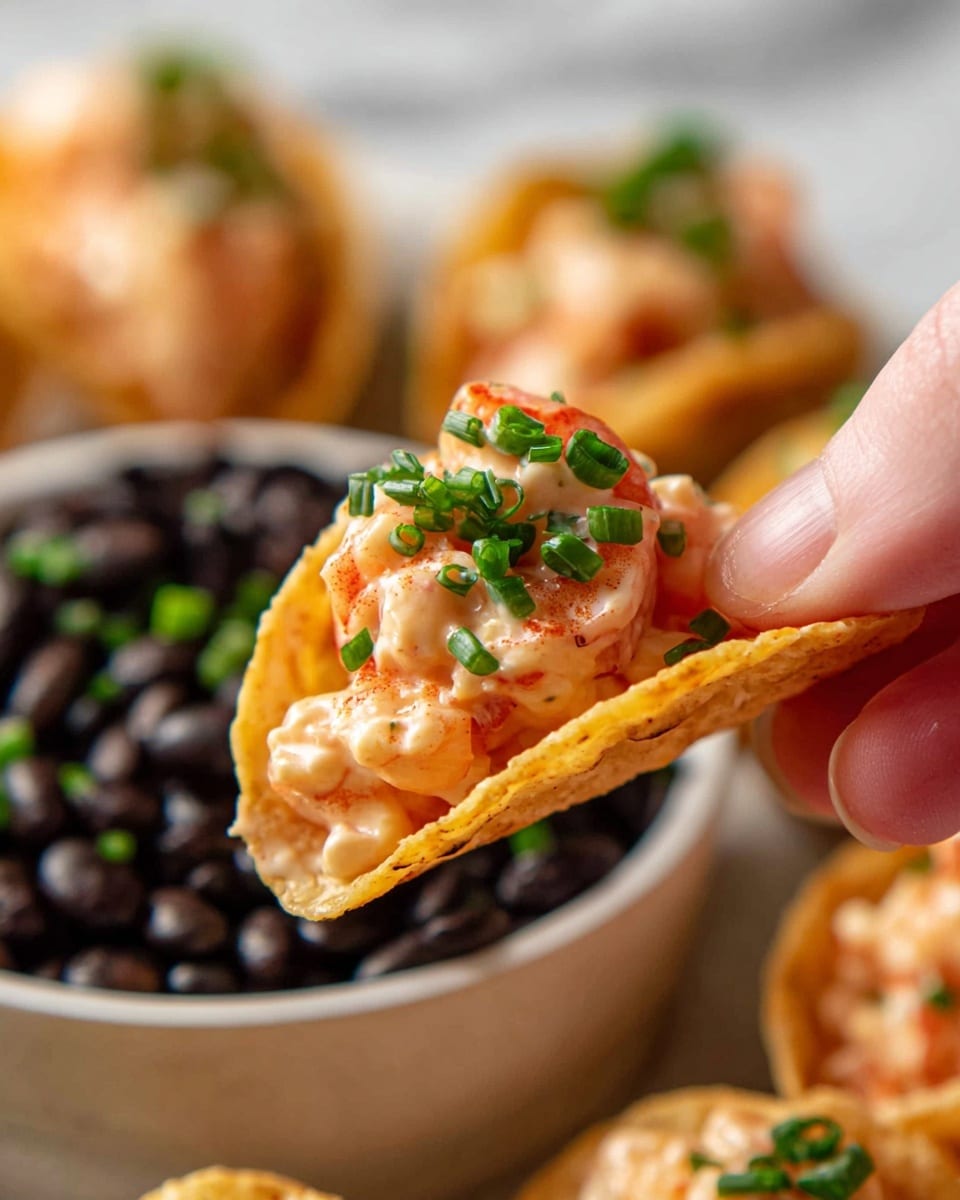 A close-up view shows a small taco chip held by a woman's hand, filled with creamy, light orange shrimp salad topped with small green chopped chives. Several similar tacos are arranged around a white bowl filled with black beans, placed on a white marbled surface. The creamy texture of the shrimp salad contrasts with the crunchy textured taco chip shell, and the green chives add a fresh pop of color. Photo taken with an iphone --ar 4:5 --v 7