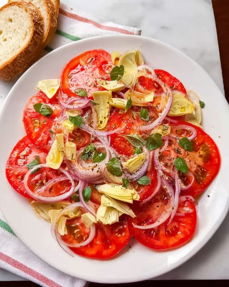 A white plate sits on a white marbled surface, filled with thinly sliced bright red tomatoes arranged in an even layer. On top, there are scattered light purple thin onion slices and chunks of pale yellow artichoke hearts. Small green herb leaves are sprinkled evenly across the dish, adding a fresh touch. The salad is lightly seasoned with visible small dark specks, likely pepper and seasoning. Part of a sliced loaf of bread wrapped in a white and pastel striped cloth is seen next to the plate. Photo taken with an iphone --ar 4:5 --v 7