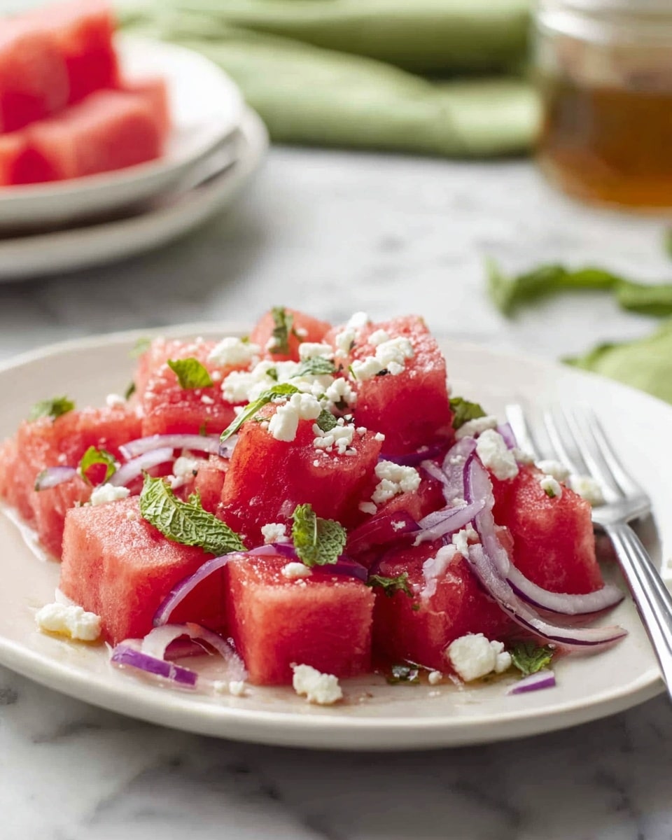 The image shows a white plate with a fresh watermelon salad. The salad has several layers starting with bright red watermelon cubes that look juicy and soft, mixed with thin slices of light purple onion scattered throughout. On top, there are small bits of crumbly white cheese spread evenly. Small green leaves, likely mint or basil, are sprinkled over the salad, adding a fresh touch. The plate is placed on a white marbled surface, and a fork is seen resting on the edge of the plate. The background includes blurred elements like another white plate with more watermelon pieces, a glass jar with some liquid, and a folded green cloth. Photo taken with an iphone --ar 4:5 --v 7