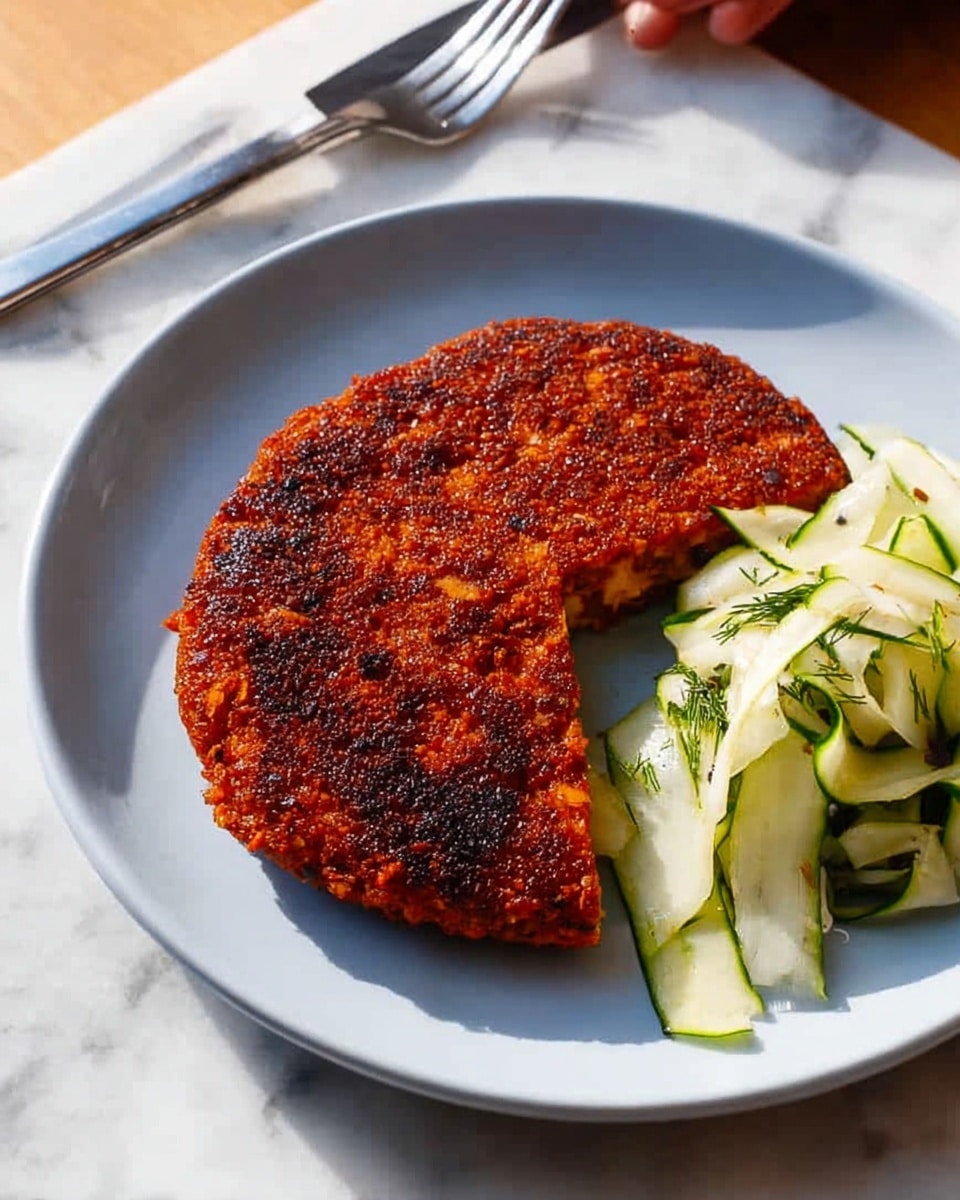A round, thick patty with a coarse, crispy reddish-brown crust sits on a simple white plate. One wedge-shaped slice is cut out, revealing an orange interior with a moist texture. To the side of the patty is a small pile of thin, cream and light green ribbons of zucchini or cucumber salad with some herb flecks. The plate rests on a white marbled surface, and in the background, a woman's hand holds a fork and knife. The lighting is natural, showing slight shine on the patty and fresh look of the salad. photo taken with an iphone --ar 4:5 --v 7