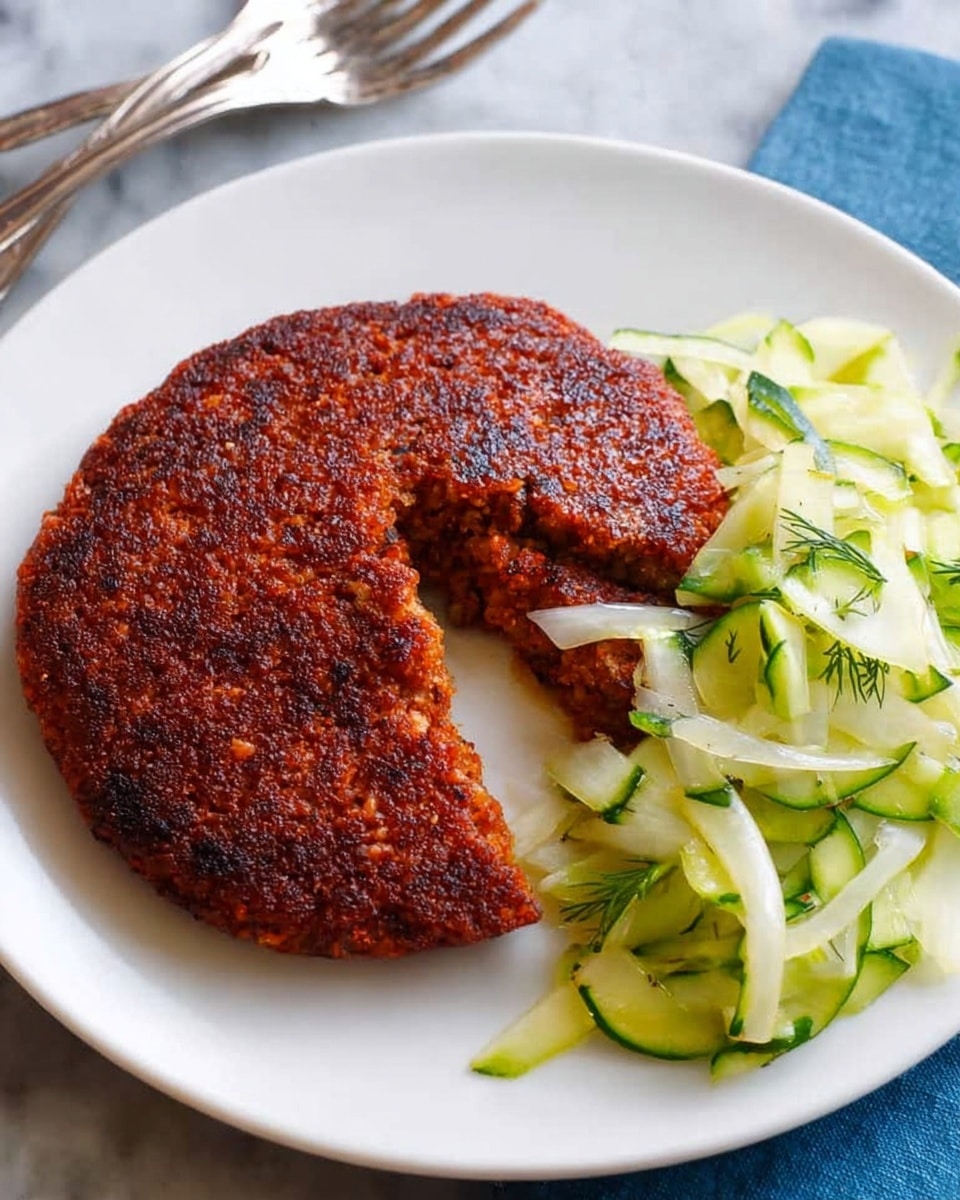 A round, flat, crispy-textured patty with a deep reddish-brown color sits front and center on a white plate, with a single wedge cut and slightly pulled out showing a moist, finely-grained inside of the same color. To the right of the patty, there is a small pile of light green, thinly sliced zucchini ribbons mixed with pale, thin slices of fennel. The plate rests on a white marbled surface, and silver forks are visible near the top left. photo taken with an iphone --ar 4:5 --v 7