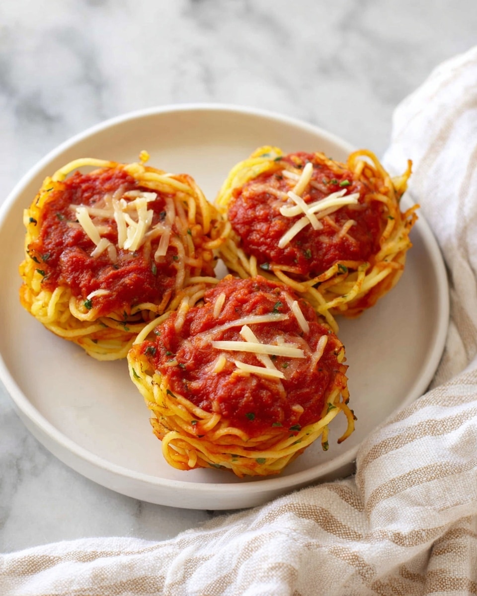 Three round nests of spaghetti form the base, each nest tightly curled and golden yellow with flecks of green herbs mixed in. On top of each nest is a thick layer of bright red tomato sauce, textured with small chunks and a slightly rough surface. Scattered over the sauce are thin strips of melted, pale cream-colored cheese. These nests sit on a simple white plate, which rests on a white marbled surface, accompanied by a soft white and beige striped cloth in the background. photo taken with an iphone --ar 4:5 --v 7
