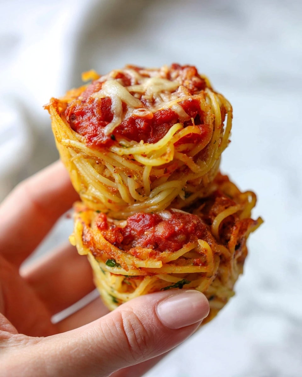 A close-up image of two small pasta nests held by a woman's hand, showing a detailed view of the spaghetti strands twisted and baked into a cup shape. Each nest has two visible layers: the bottom layer of golden yellow baked spaghetti with small green herb flecks, and the top layer of chunky, bright red tomato sauce with pieces of melted cheese sprinkled on top. The nests have a textured appearance with some pasta strands slightly browned from baking. The background is a soft focus white marbled texture. photo taken with an iphone --ar 4:5 --v 7