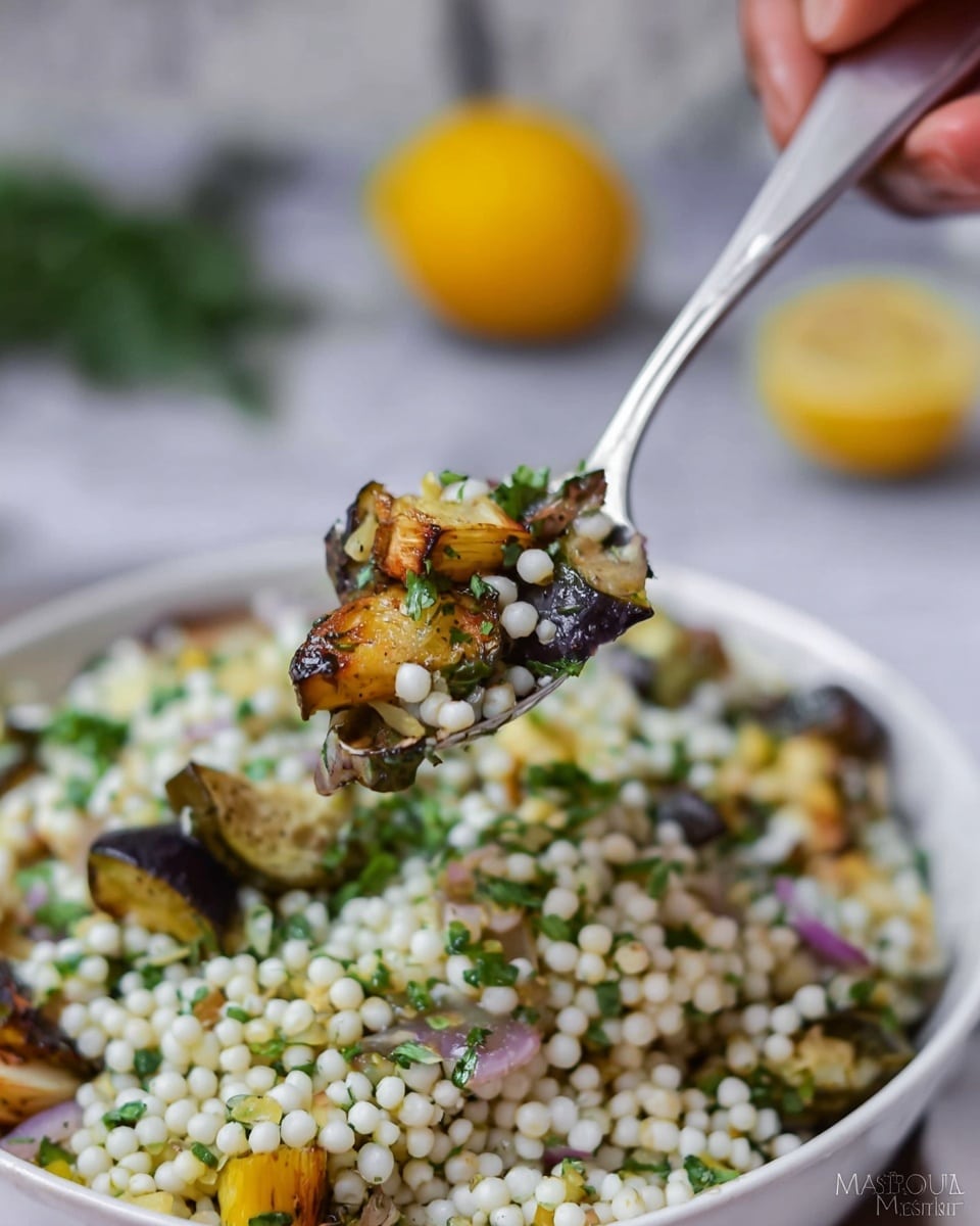 A close-up of a white bowl filled with a layered dish featuring small white pearl-like grains mixed with chunks of golden-brown roasted vegetables with charred edges, topped with finely chopped green herbs and small bits of purple onion; a steel spoon held by a person's hand lifts a portion of the grain and vegetable mix above the bowl, set against a softly blurred white marbled textured surface with hints of yellow lemon and green herbs in the background, photo taken with an iphone --ar 4:5 --v 7