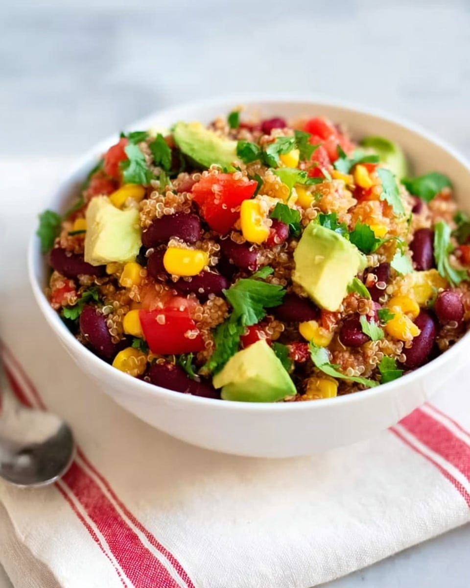 A white bowl filled with a colorful salad resting on a white cloth with a red stripe, placed on a white marbled surface. The salad has three main visible layers: at the bottom, a layer of small, light brown grains; mixed within and on top, bright yellow corn kernels and dark red kidney beans; and scattered pieces of fresh green avocado cubes and red tomato chunks. Bright green leafy herbs are sprinkled throughout, adding freshness and contrast. Photo taken with an iphone --ar 4:5 --v 7