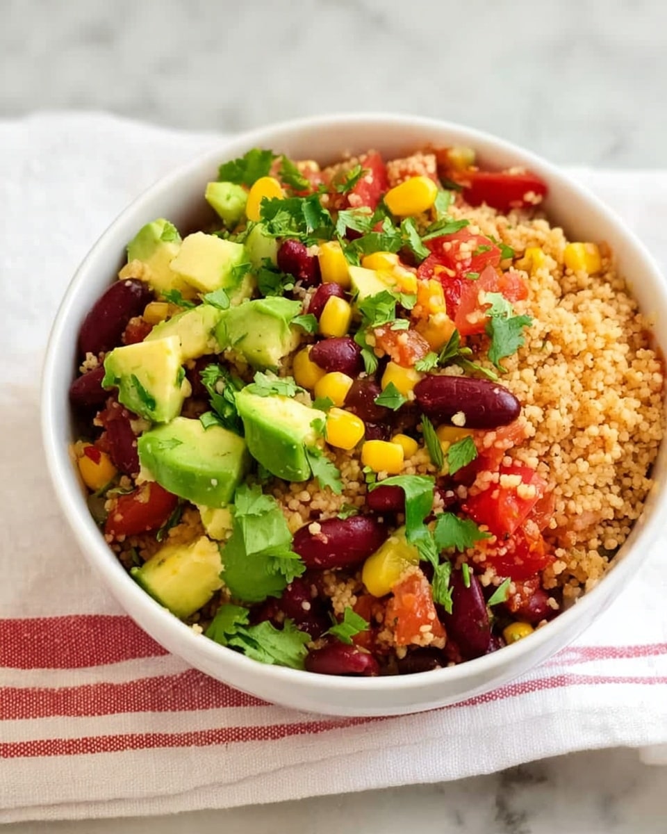 A white bowl filled with a colorful mix of ingredients. The base layer is small round couscous grains with a light brown color. Scattered on top are chunks of bright green avocado, yellow corn kernels, red kidney beans, and chopped red tomatoes. Fresh green cilantro leaves are sprinkled throughout, adding a touch of leafy texture and color. The bowl is placed on a white cloth with a red stripe, and the background shows a smooth white marbled surface. photo taken with an iphone --ar 4:5 --v 7