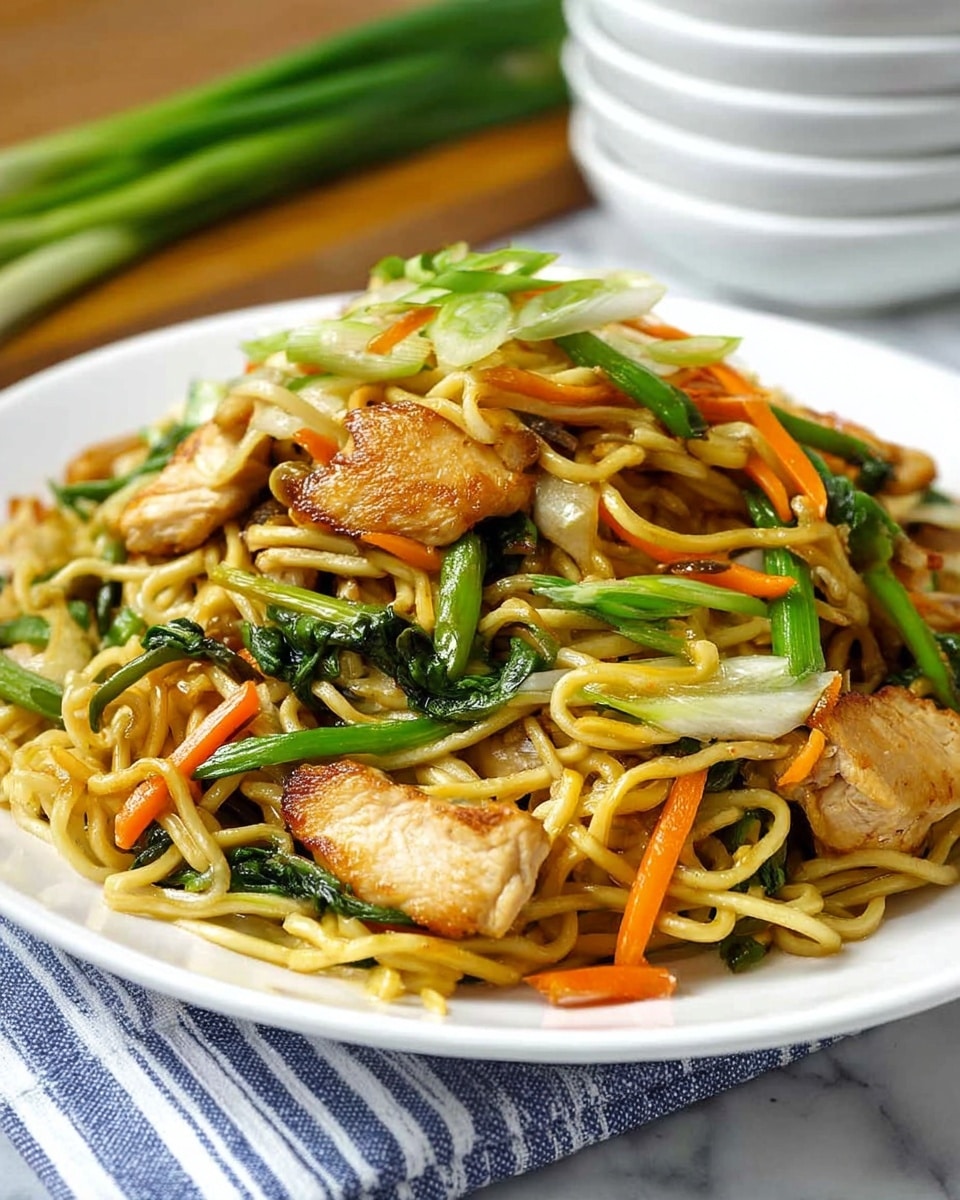 A white plate holds a layered dish of stir-fried noodles mixed with long green vegetables and thin orange carrot strips. On top and throughout the noodles are browned, grilled chicken pieces with a slightly crisp texture and light golden color. The noodles are light yellow and slightly shiny, tangled together with the vegetables. The background is a white marbled texture with stacked white bowls and a bundle of green onions blurred in the distance. A white cloth with thin blue stripes is partially visible under the plate near the bottom of the image. photo taken with an iphone --ar 4:5 --v 7